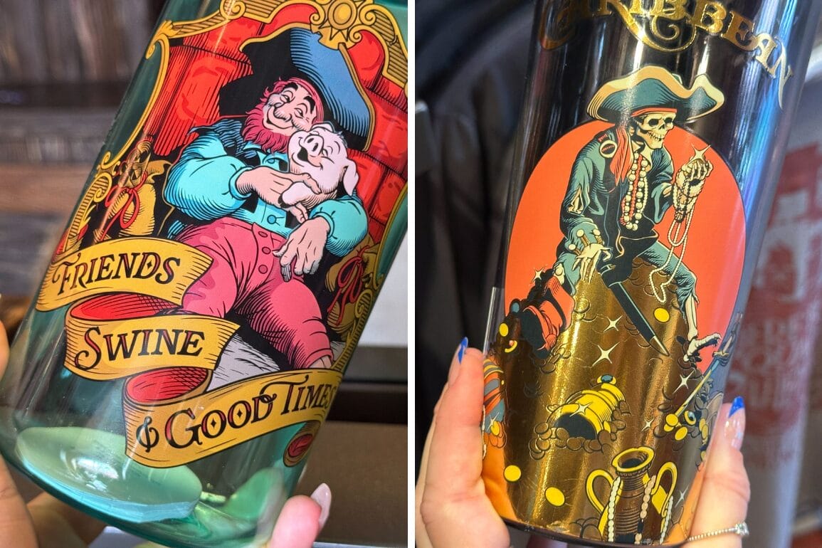 Two colorful glass bottles featuring Pirates of the Caribbean cartoon-style pirate illustrations and decorative banners.