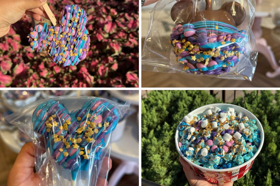 Four photos of Disney Starlight Parade Snacks, including Mickey-shaped treats and Magic Kingdom blue popcorn with sprinkles.