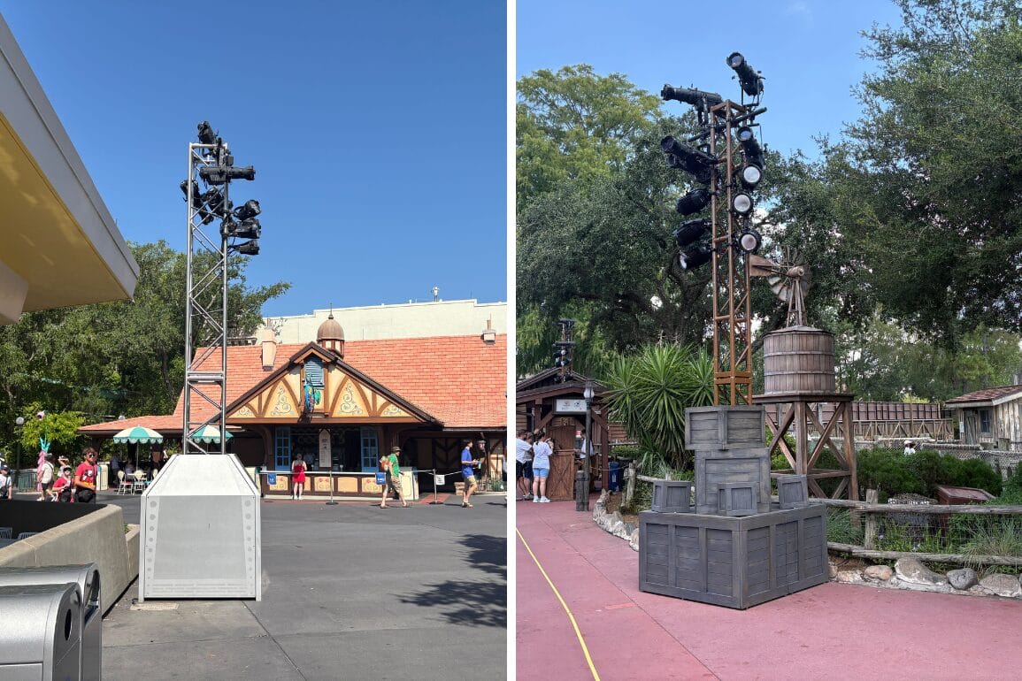 Split image: Left, new trusses near a building; right, a rig camouflaged as crates at Magic Kingdom’s Halloween Party.