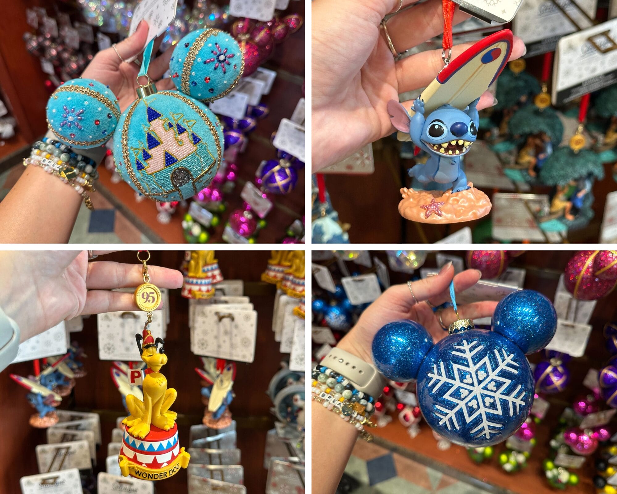 Four Disney ornaments held in hand, featuring Mickey, Stitch, Pluto, and a blue snowflake ornament.