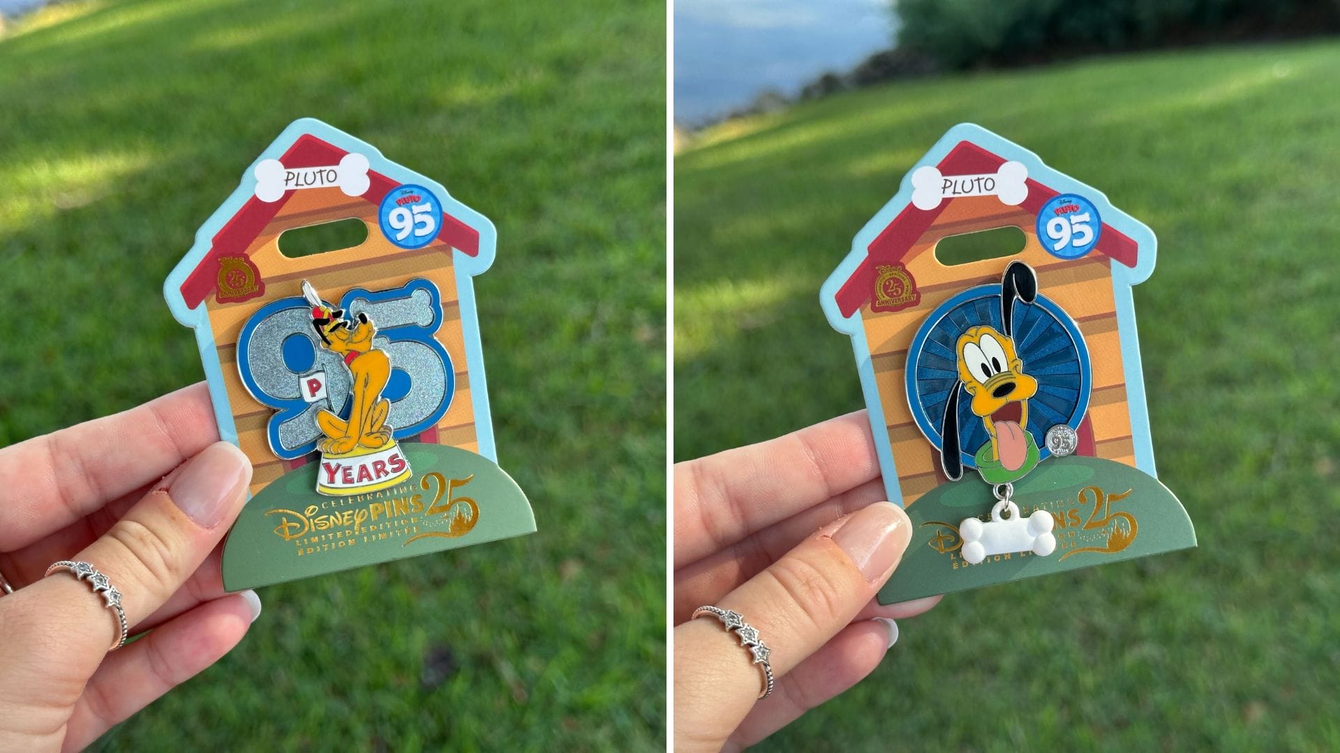Two hands hold Walt Disney World Pluto 95th Anniversary Limited Edition Pins in doghouse packaging, celebrating the milestone.