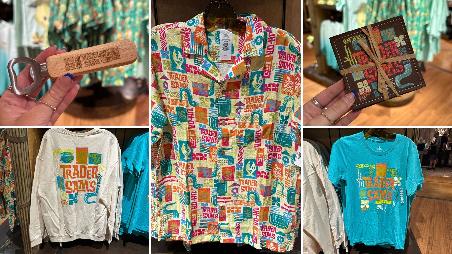 A collage of Trader Sam's Apparel and housewares at Disney's Polynesian Village Resort, including shirts and coasters.
