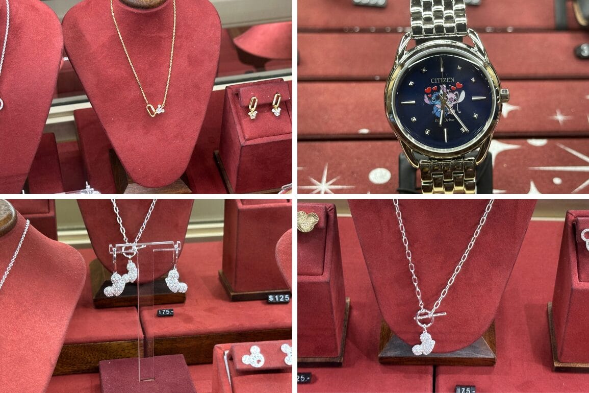 Four jewelry display cases with Rebecca Hook necklaces, earrings, and a Citizen watch on red velvet stands.