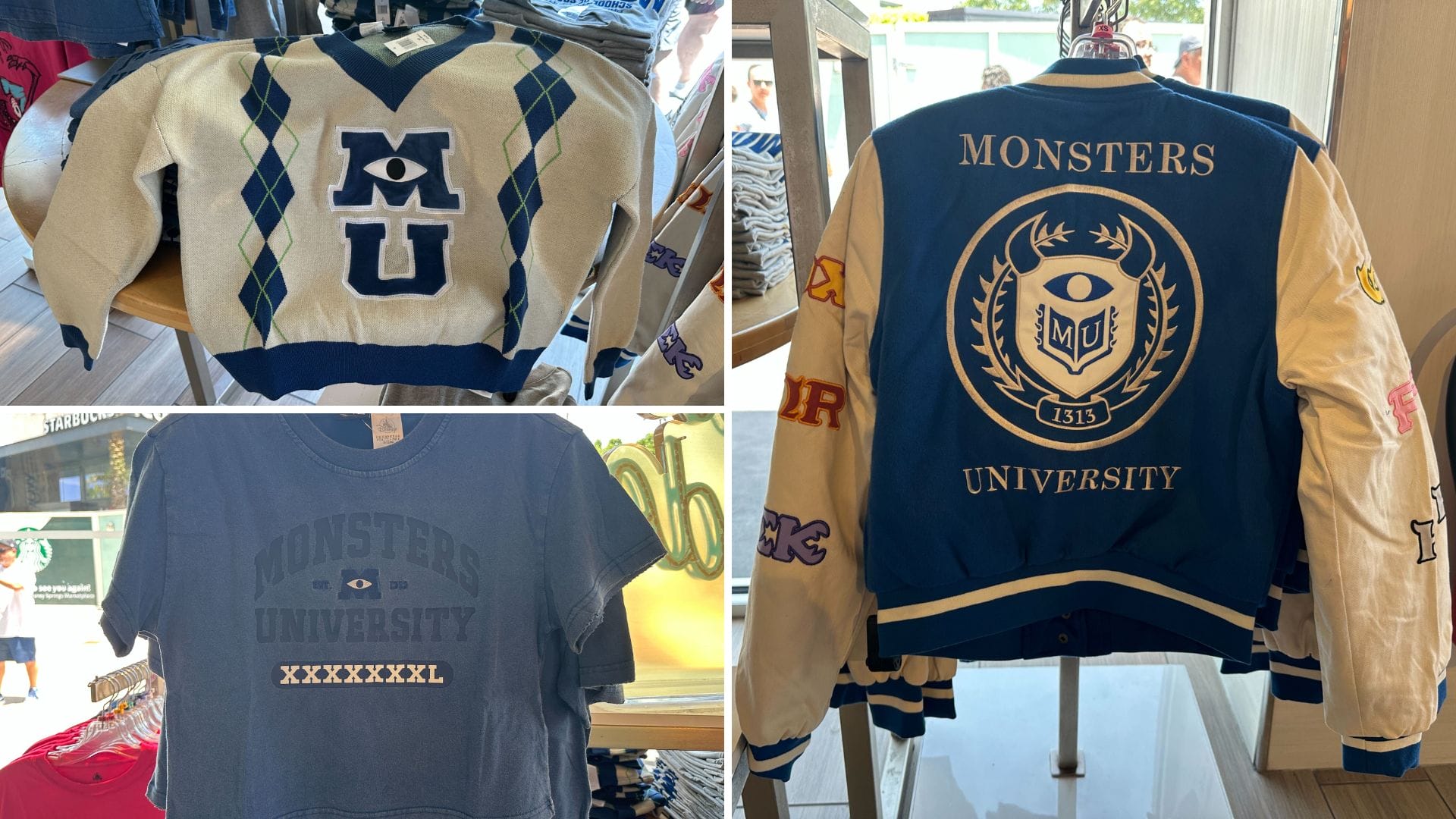 Three Monsters University clothing items—including a crop top and varsity jacket—are displayed on store racks.