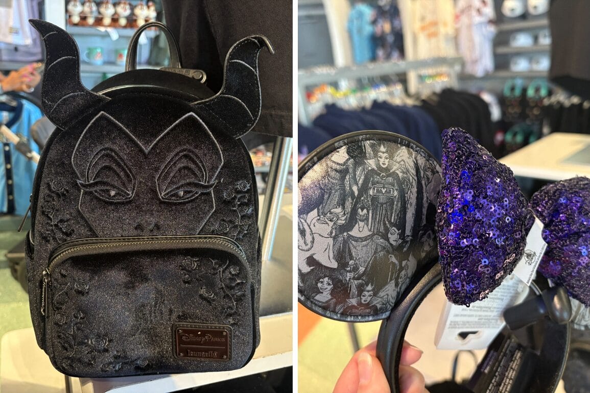 A Velvet Maleficent Loungefly Backpack and a Disney Villains Ear Headband are on display in a Magic Kingdom store.
