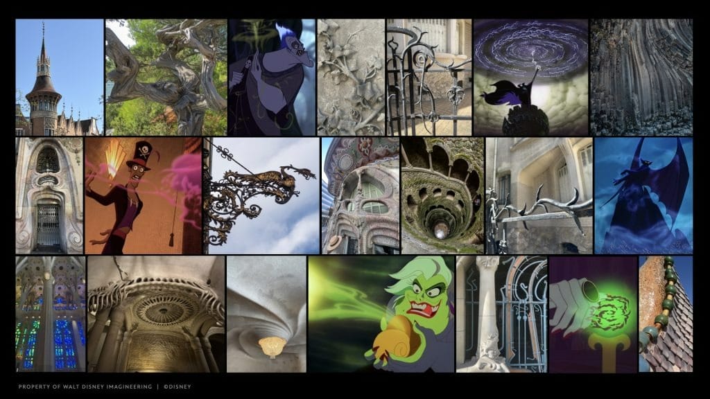A collage of Disney villains and gothic architecture inspiration, with swirling wrought iron and fantasy elements.