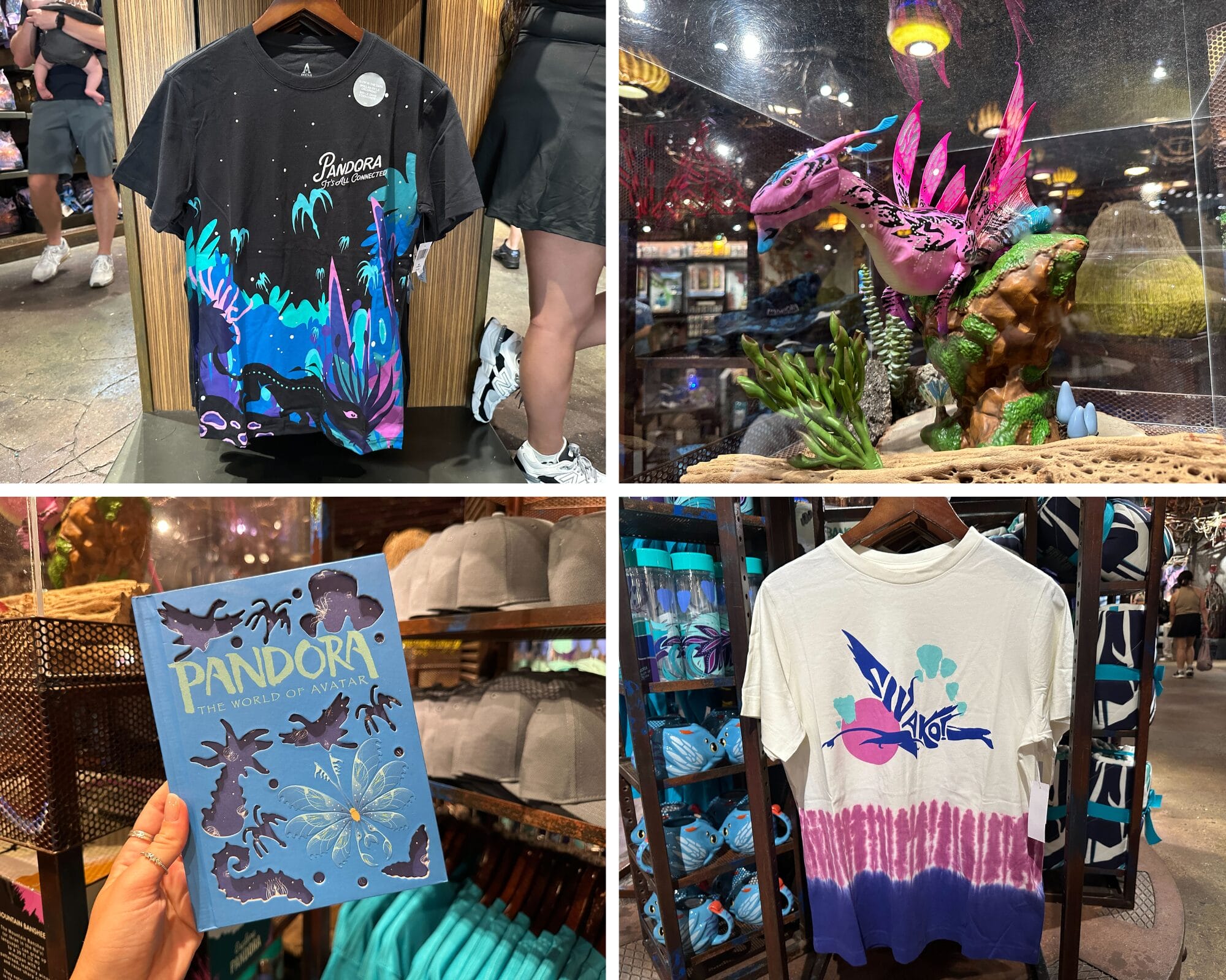 Collage of Pandora-themed shirts, Avatar merchandise, a toy banshee, and a souvenir postcard at Disney's Animal Kingdom store.