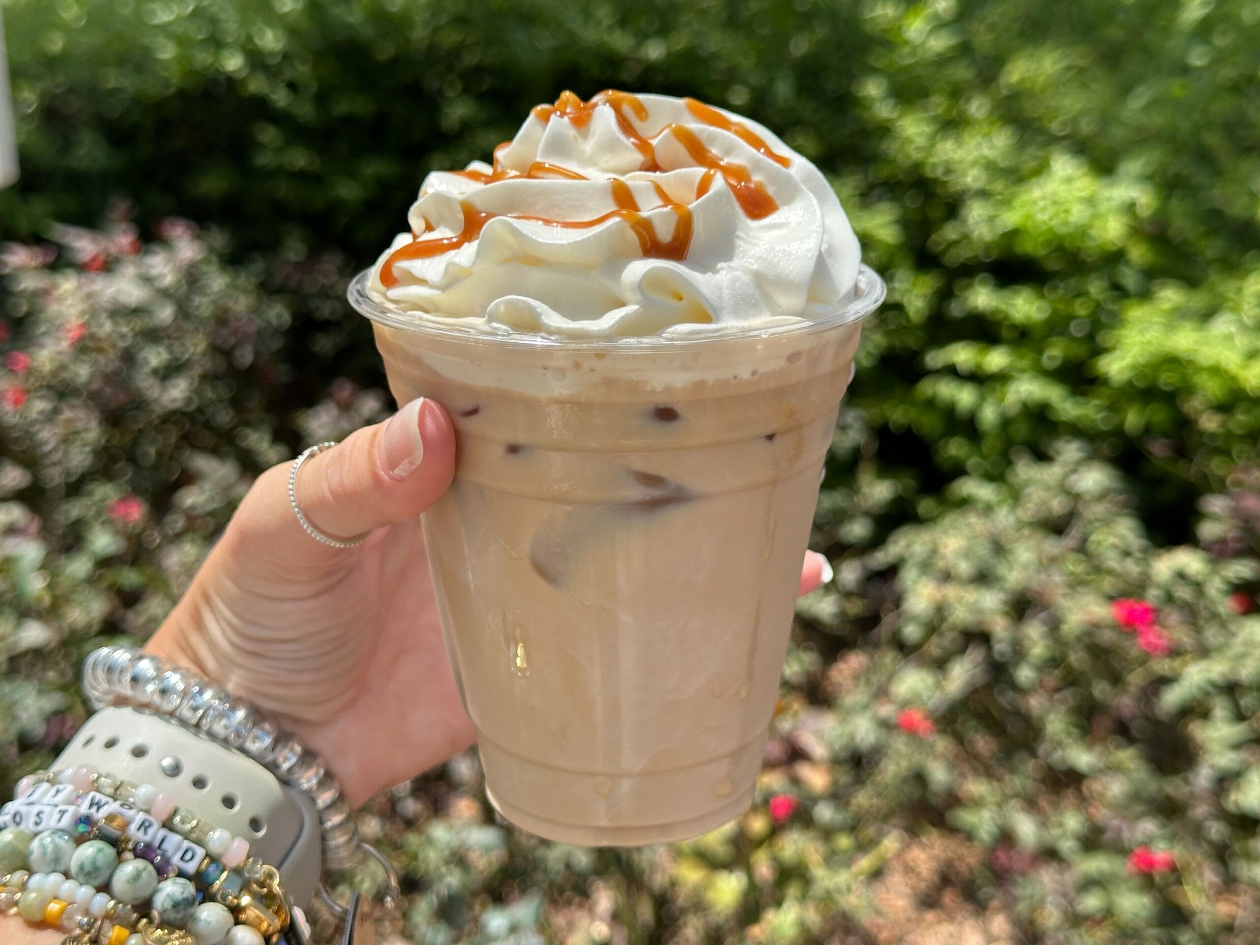 A hand holds an iced coffee topped with whipped cream and caramel, perfect for Food & Wine lovers, with greenery behind.