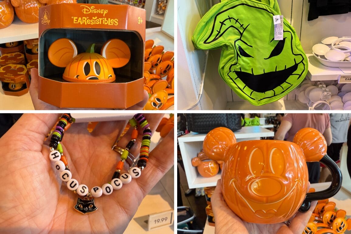 Collage of Disneyland Halloween merchandise: Mickey pumpkin items, Oogie Boogie bag, and friendship bracelets.