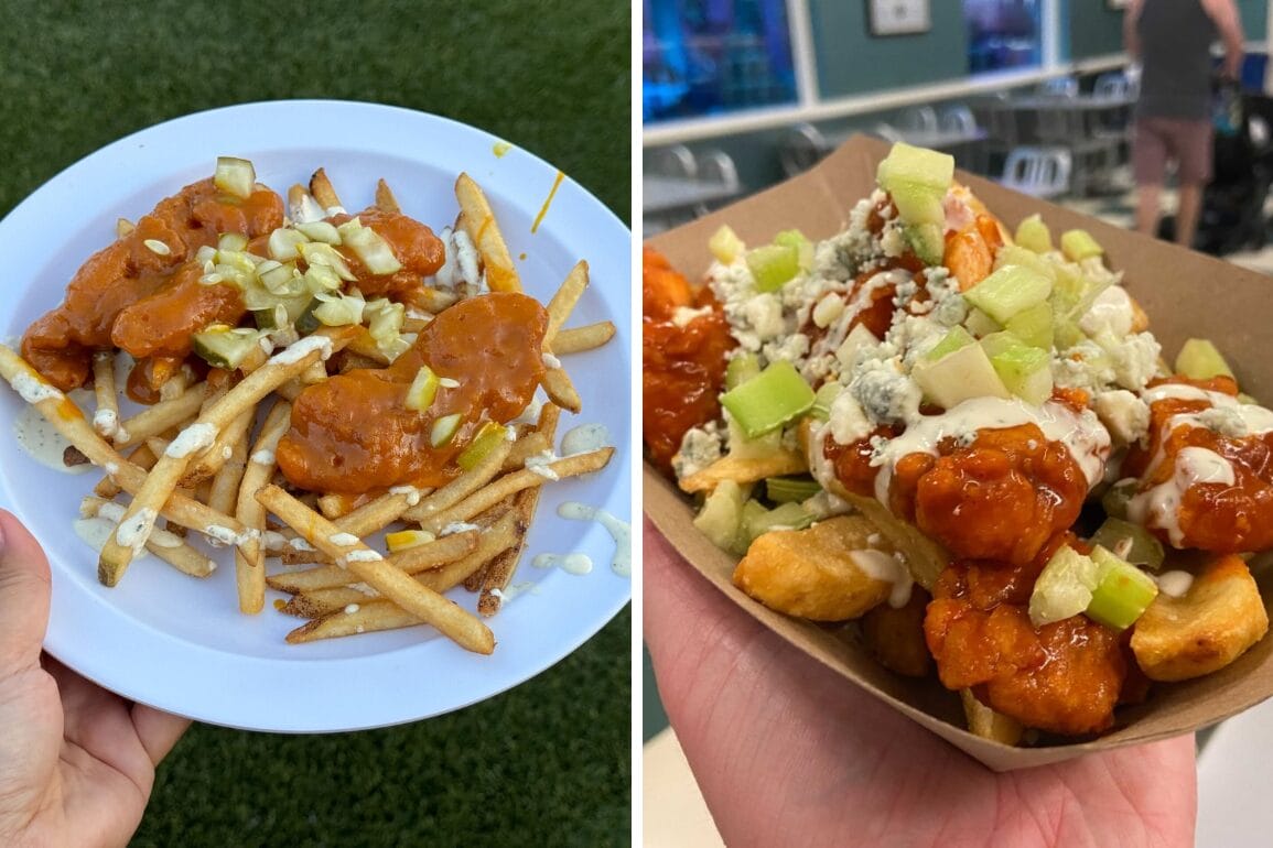 Flo's V8 Cafe serves Loaded Fries topped with buffalo sauce, diced celery, and ranch at Oogie Boogie Bash.