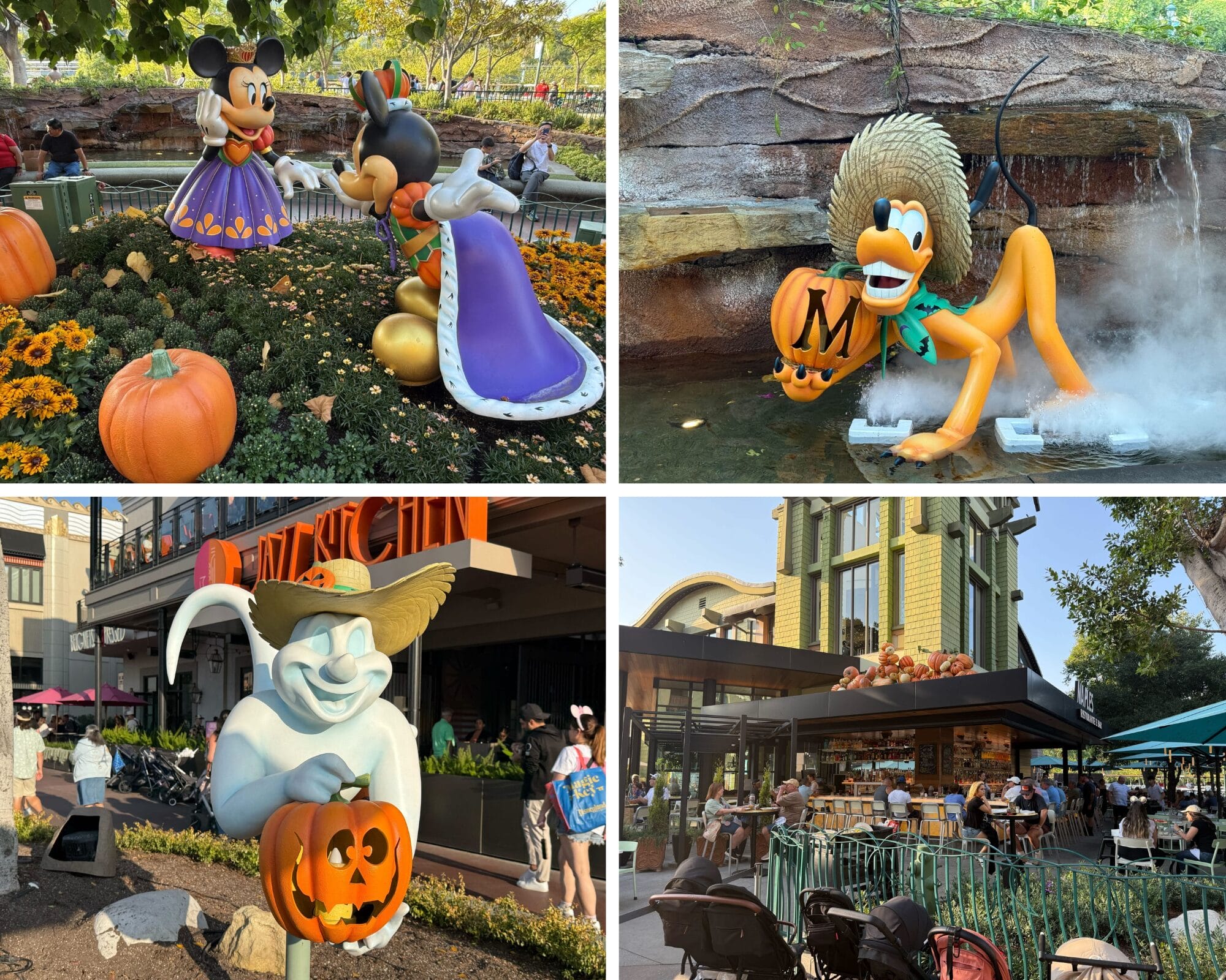 Four Disney-themed Halloween displays outdoors at Downtown Disney, featuring Mickey & Friends and Oogie Boogie pumpkins.