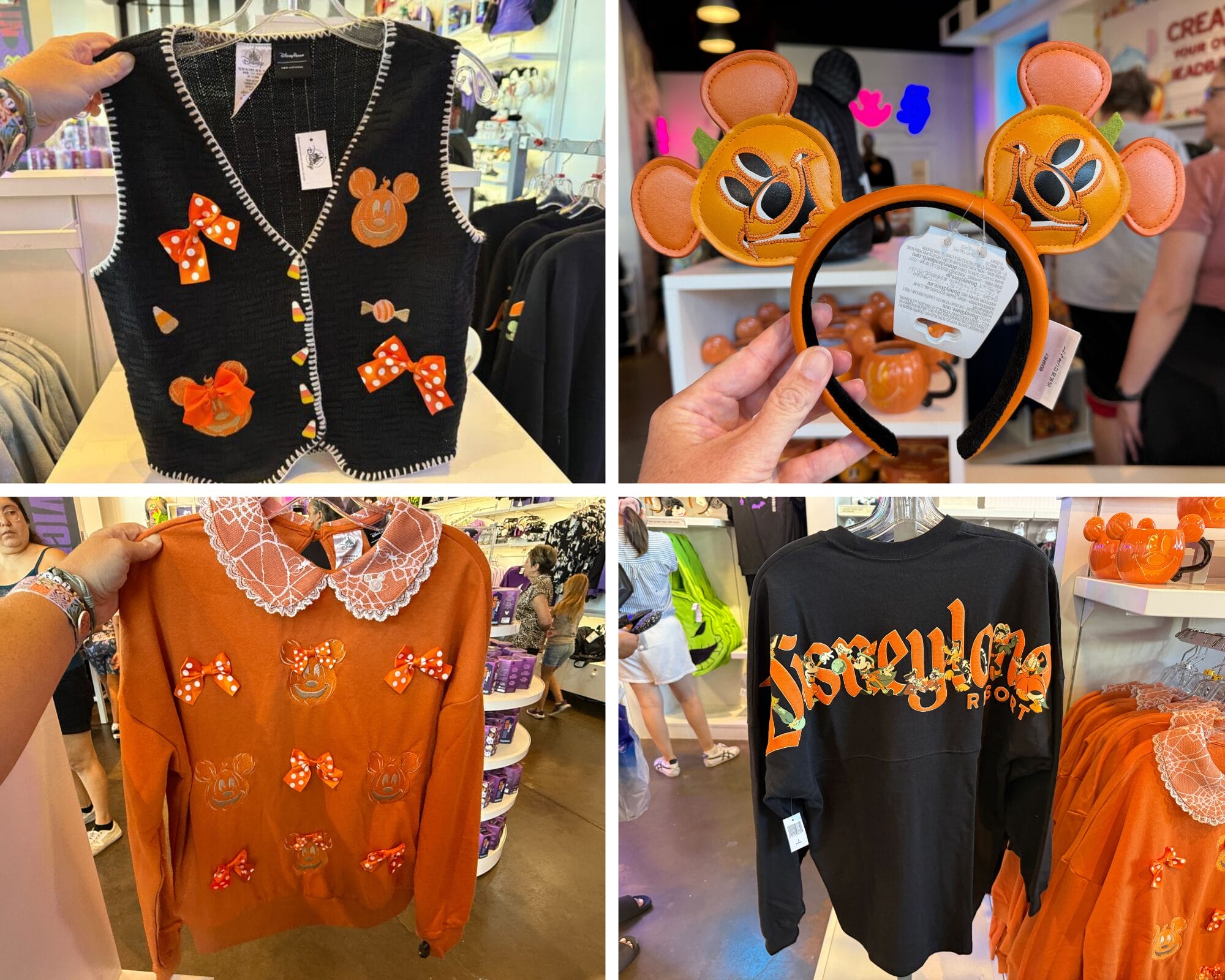 Collage of pumpkin-themed merchandise at Disneyland Resort, featuring Halloween sweaters, headbands, and shirts in orange and black.