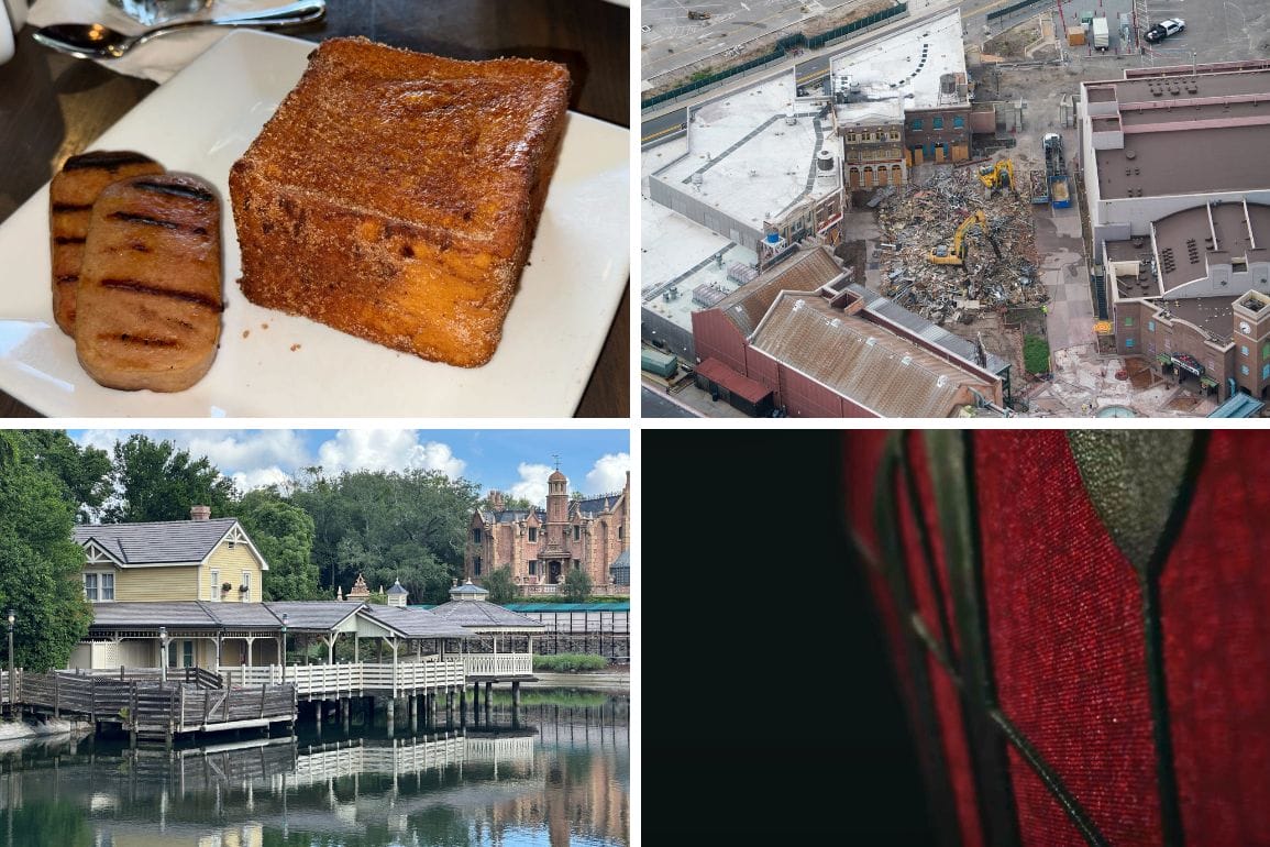 A collage of four images: grilled food, Kona Cafe's Tonga Toast, a building demolition, and houses by water.