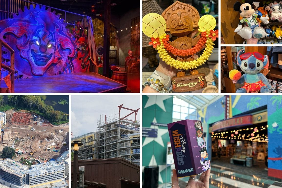 Collage of Disney park scenes, merchandise, and souvenirs with a Daily Recap vibe and hints of construction sites.
