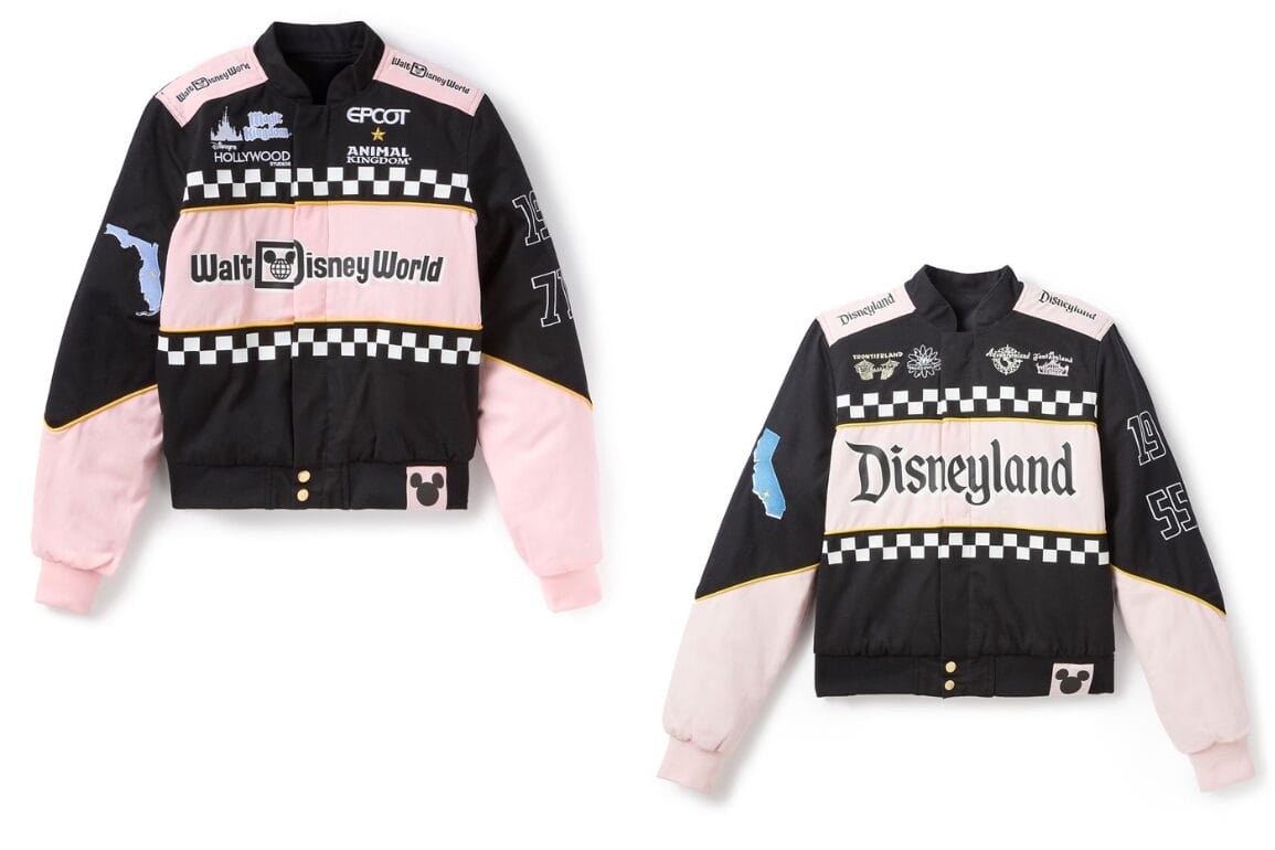 Two black and pink Racing Collection jackets by Her Universe, featuring Disney Parks logos and checkered stripes.