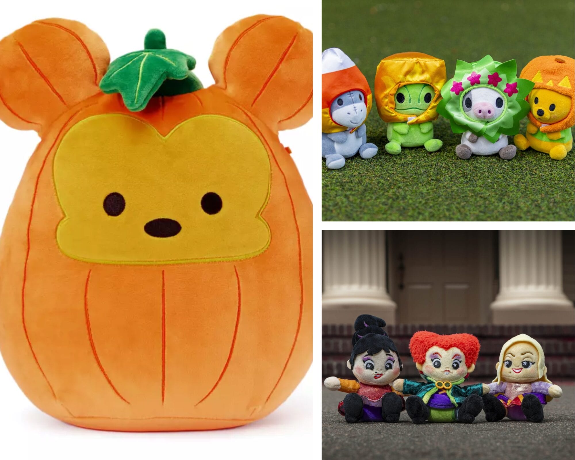 A plush bear pumpkin and Disney Squishmallows in Halloween costumes sit on grass and steps.