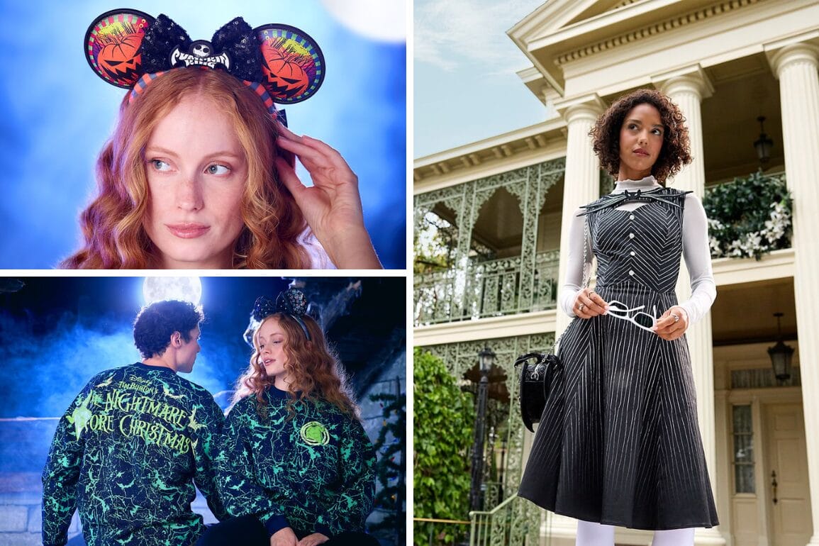 Three images: a woman in themed mouse ears, a couple in green 'Nightmare Before Christmas' shirts, and a woman in a black dress.