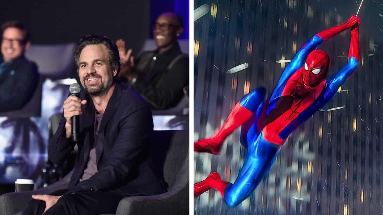 Left: A man with a beard speaks into a microphone. Right: Spider-Man swings through a city at night, just like The Hulk.