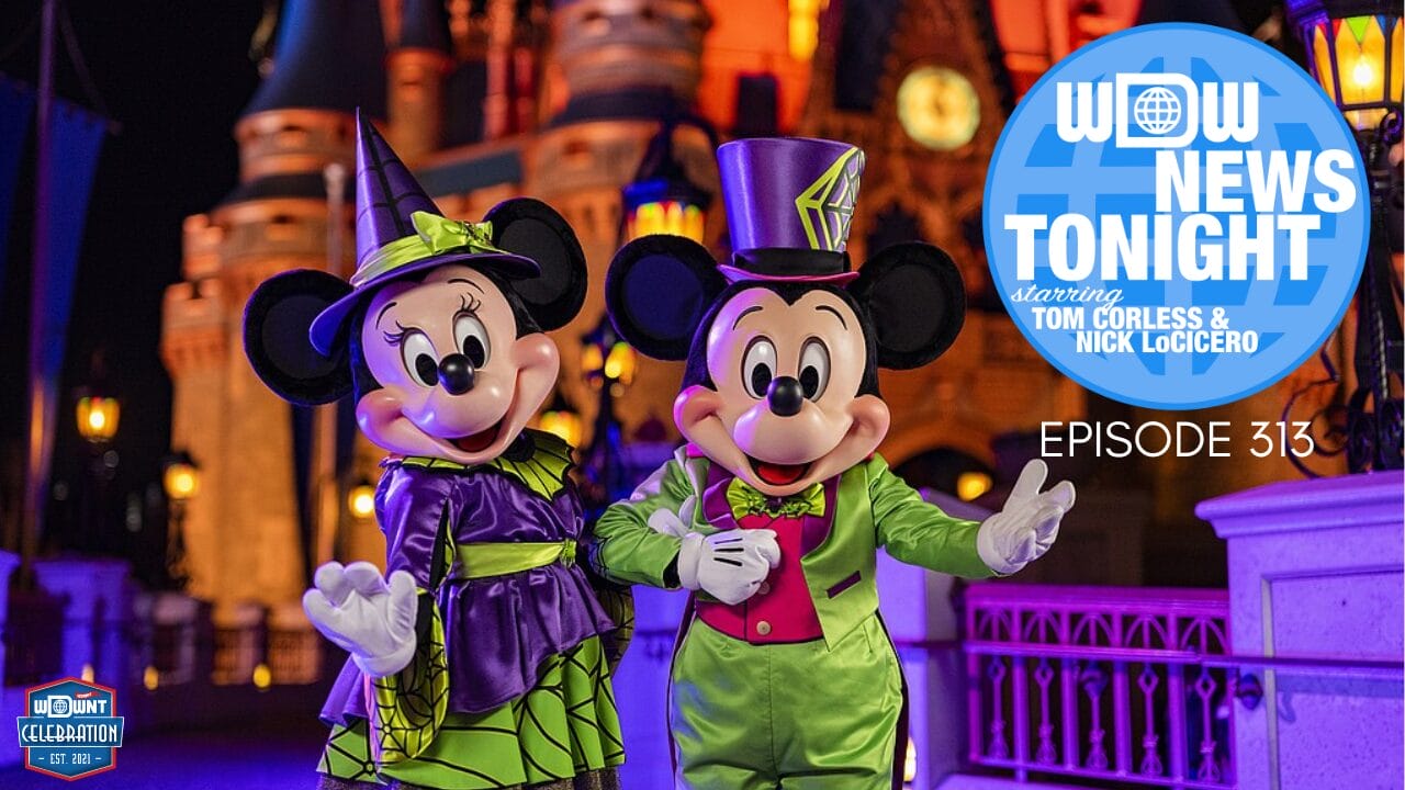 Disney Influencer Minnie and Mickey Mouse in Halloween costumes pose by Cinderella Castle for "WDW News Tonight" Episode 313.