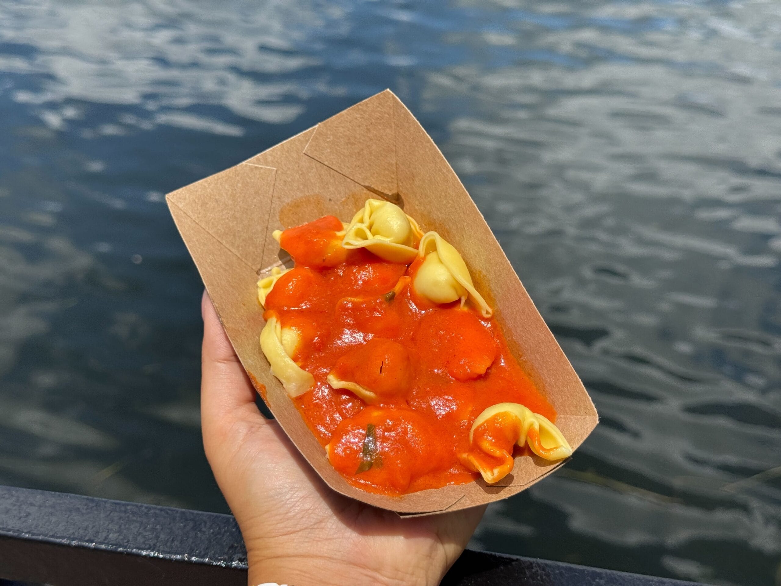 A hand holds a paper tray of tortellini pasta in red tomato sauce by the water—perfect for Food & Wine lovers.