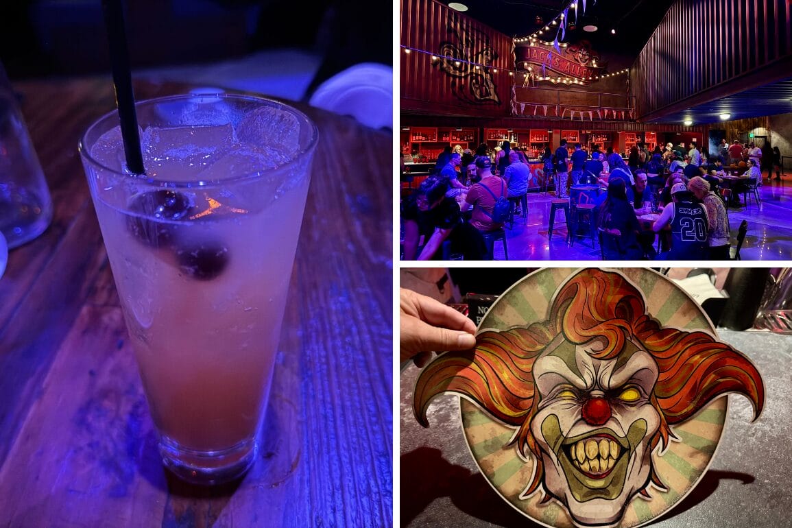 A cocktail at Jack's Alley Bar, a lively crowd, and a menu with a scary clown face from Universal Horror Unleashed.