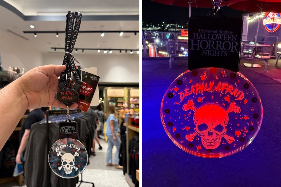 A hand holds a "Deathly Afraid" skull-themed necklace; on the right, it glows red at Halloween Horror Nights.