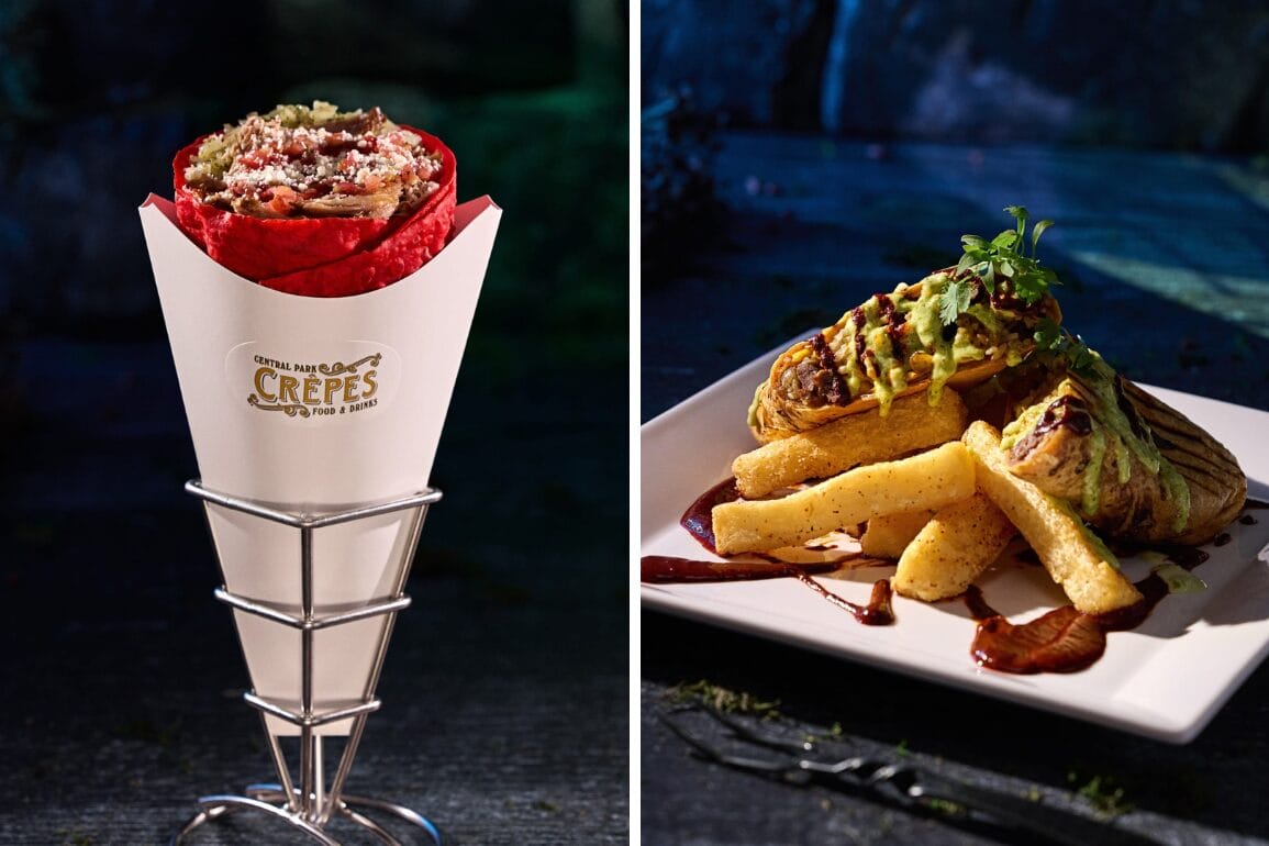Left: A red crepe filled with toppings, UOAP Exclusive Food Item; right: grilled food with fries and sauce on a white plate.