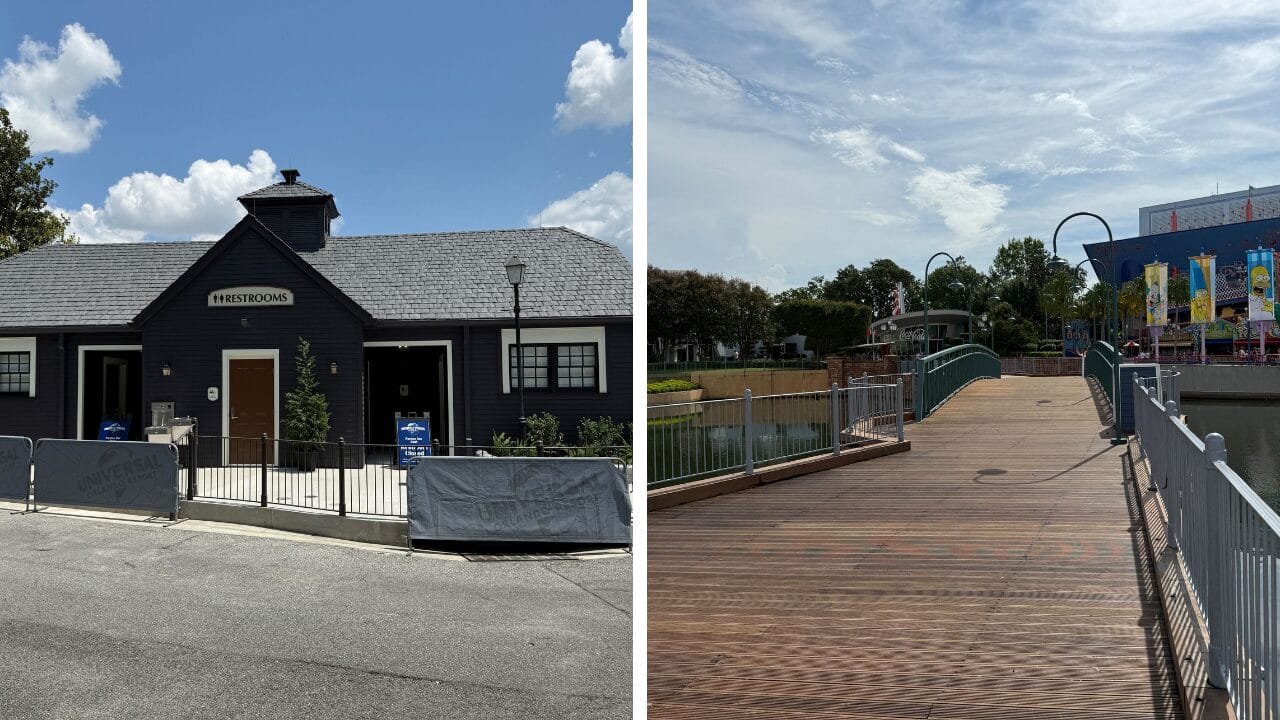 Left: Black restroom building. Right: Wooden bridge with metal railings at Universal Studios Florida under a partly cloudy sky.