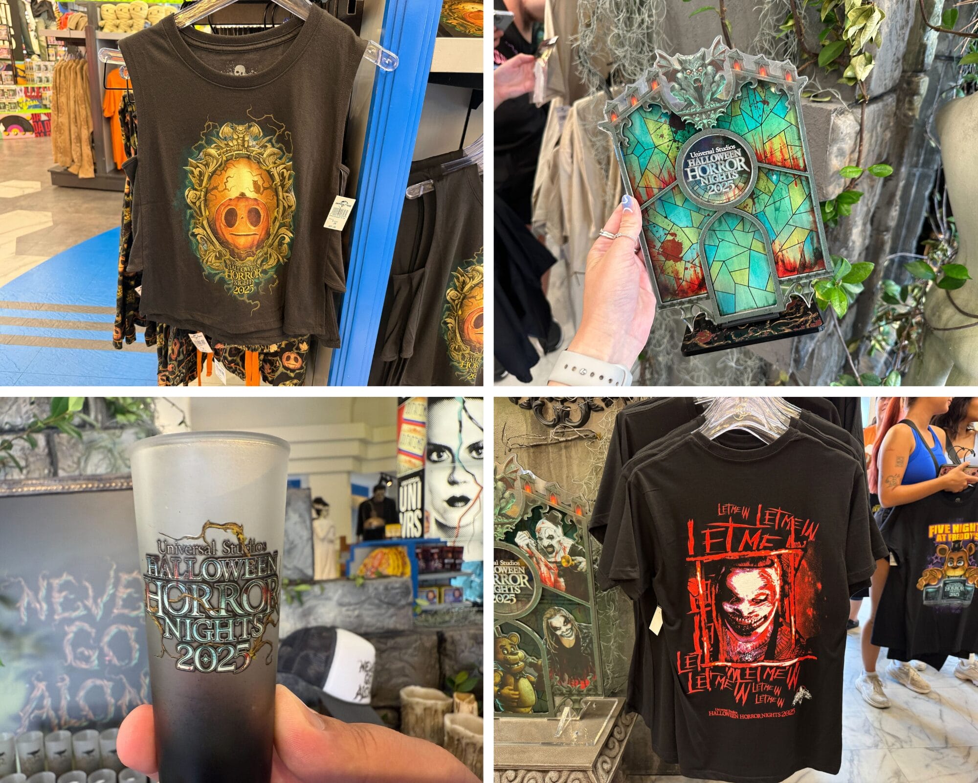 Collage of Universal Orlando Resort Halloween Horror Nights 2022 merchandise, including shirts, a collectible glass, and plaque.