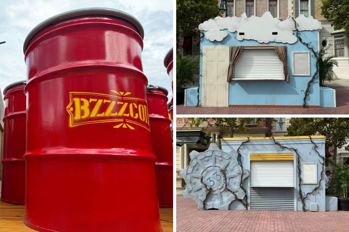 Red “BZZZCORP” barrel and two whimsical kiosk facades evoke a Fallout vibe in an outdoor Halloween Horror Nights 34 setting.