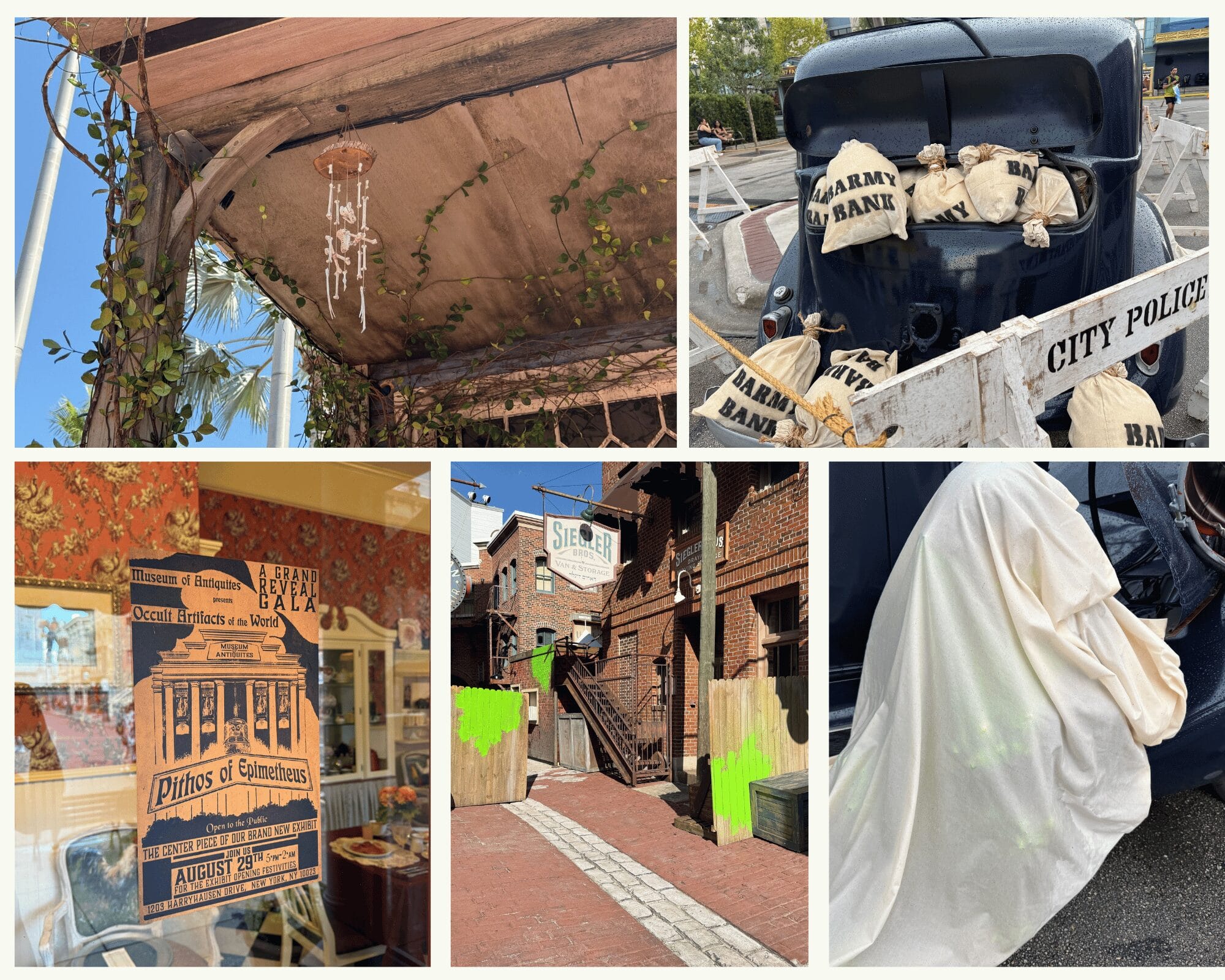 Collage of vines, Bone Wind Chimes, money bags in police car, vintage shop, and a draped object outdoors.