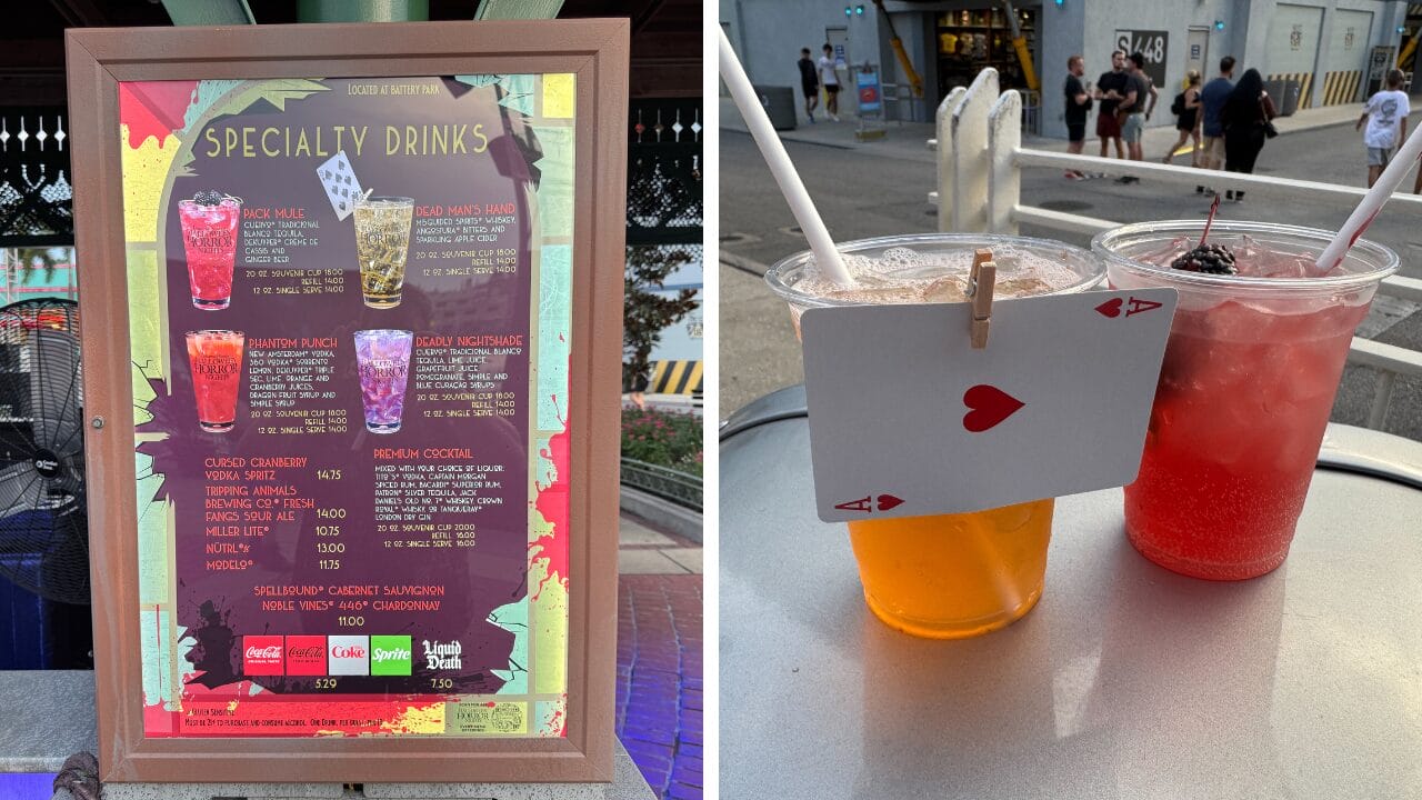 Menu of colorful 2025 specialty drinks on the left; two drinks with playing cards attached sit on a table at Halloween Horror Nights.