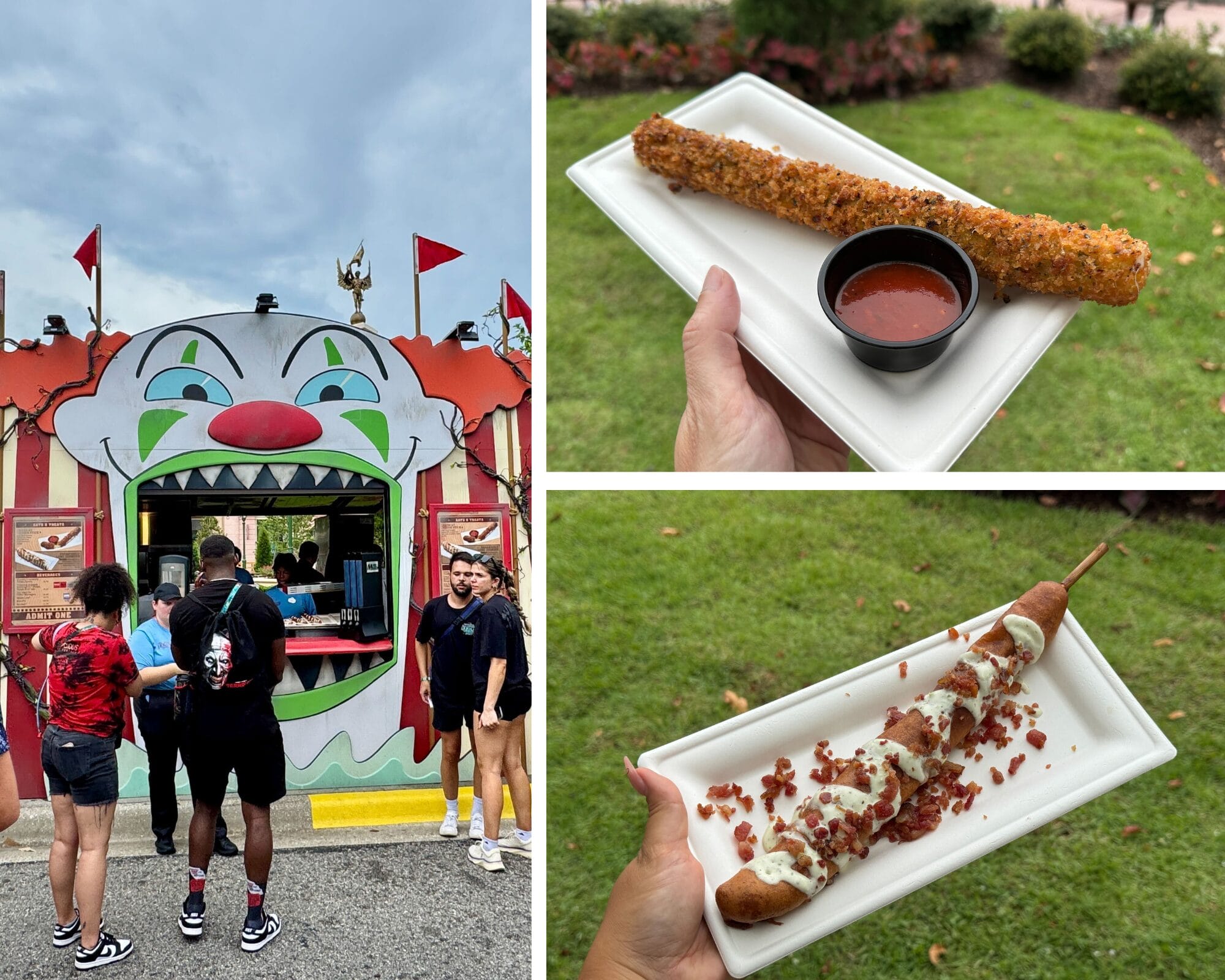 A Cursed Carnival food booth with a clown theme, guests in front, and close-ups of savory snacks with dipping sauce.