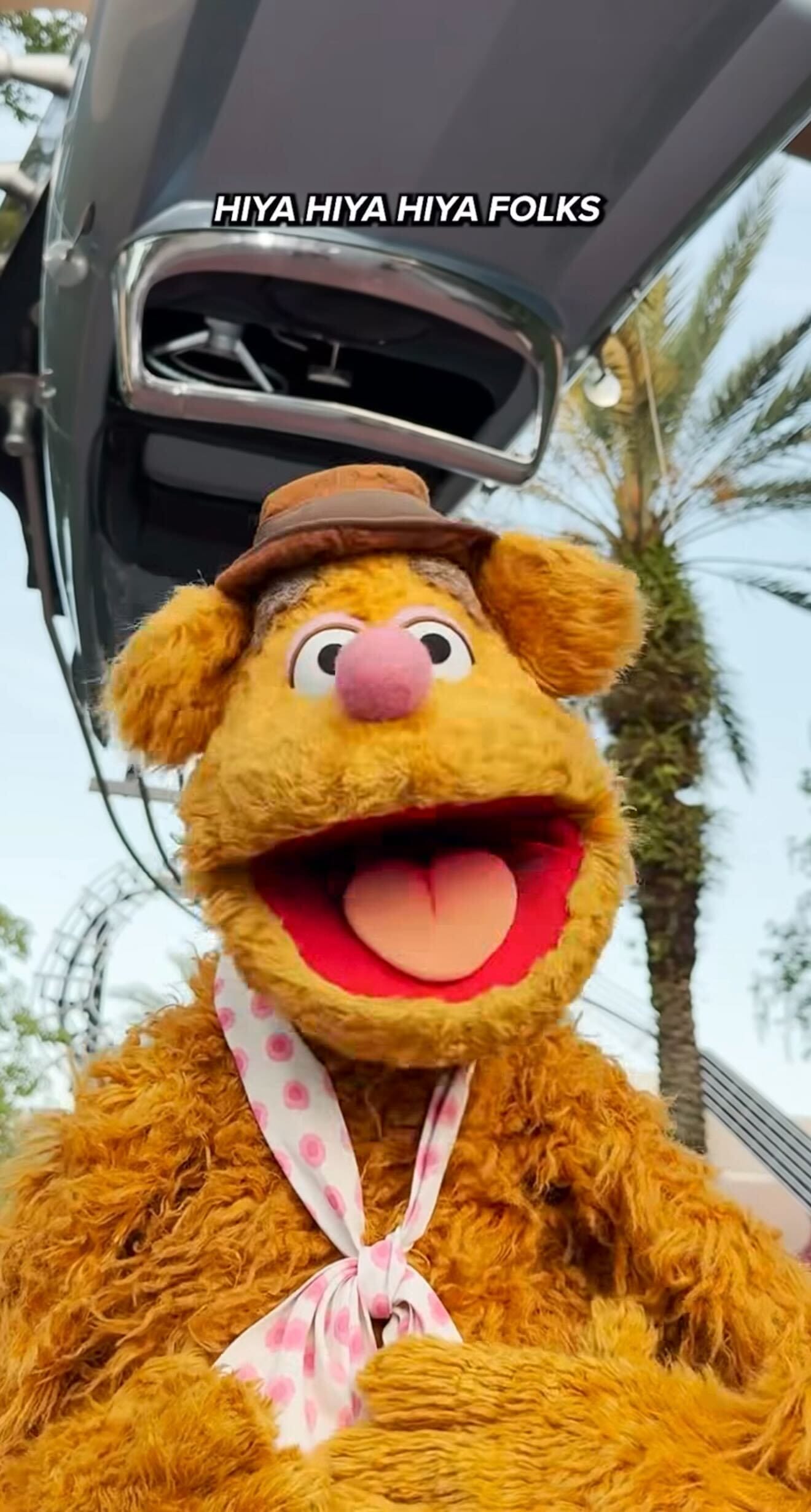 Fozzie Bear in a brown hat and polka dot scarf smiles at Hollywood Studios. Text reads, "HIYA HIYA HIYA FOLKS".