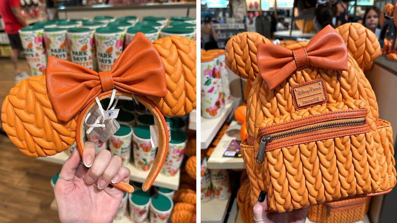 Orange knit-textured Loungefly Minnie Ear Headband and matching backpack with bows on display at Walt Disney World.