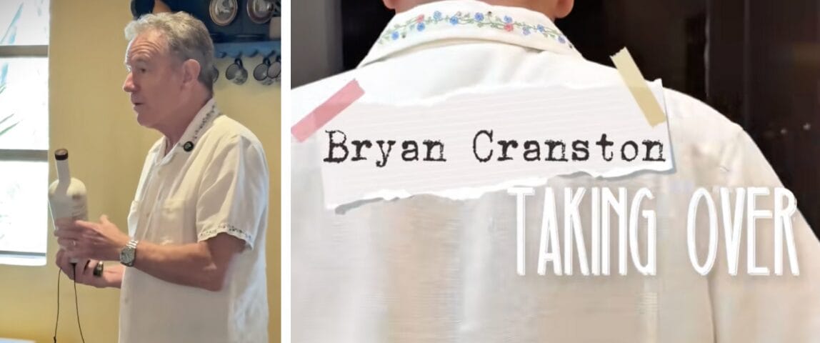 A man in a white shirt holds a bottle; text reads "Bryan Cranston La Cava Experience TAKING OVER" on the right side.