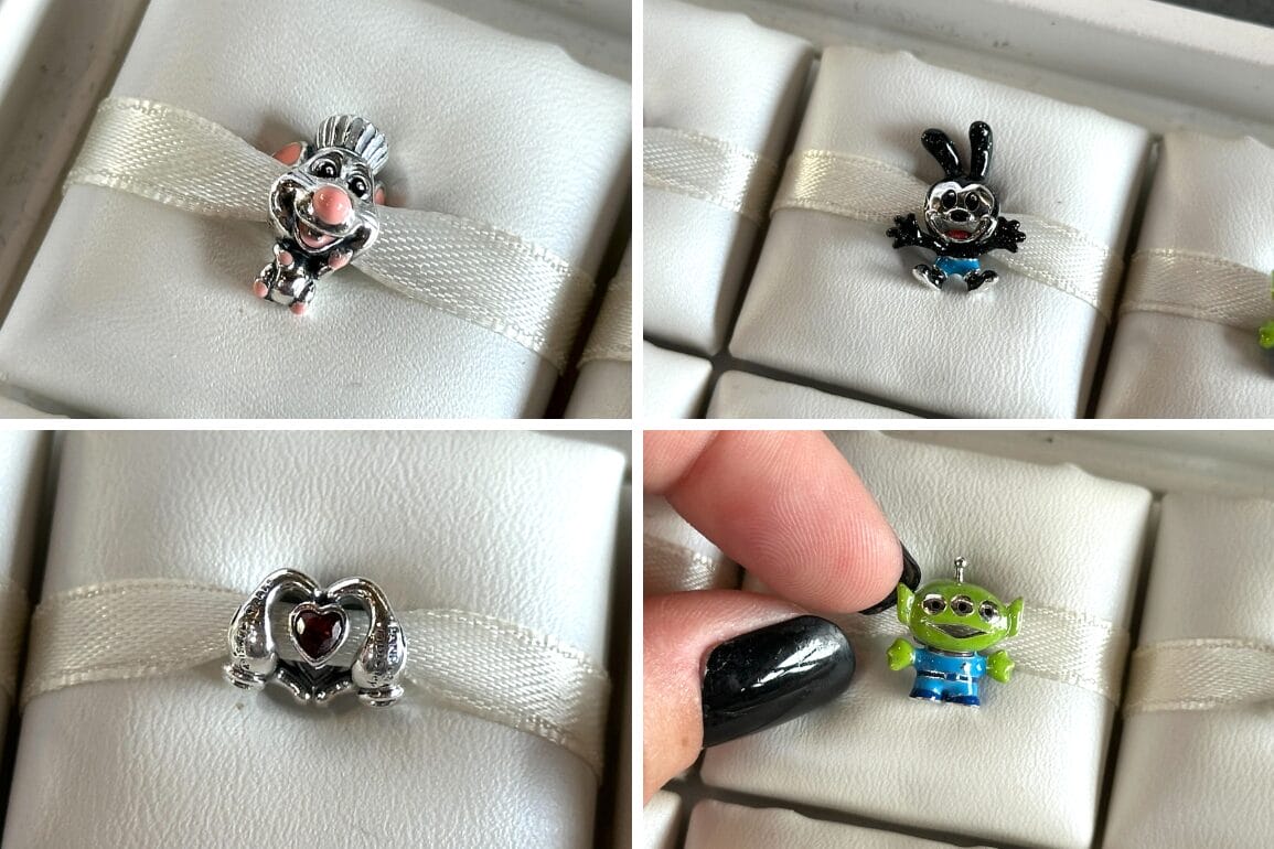 Four close-up images of whimsical Pandora Charms, including Remy, displayed on cream-colored jewelry holders.