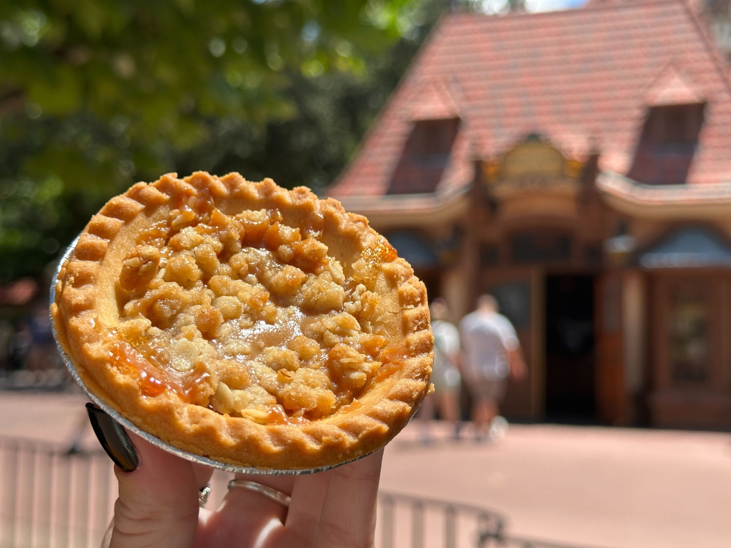 A hand holds a Tiny Pie outdoors at EPCOT, with a blurred building and people in the background.