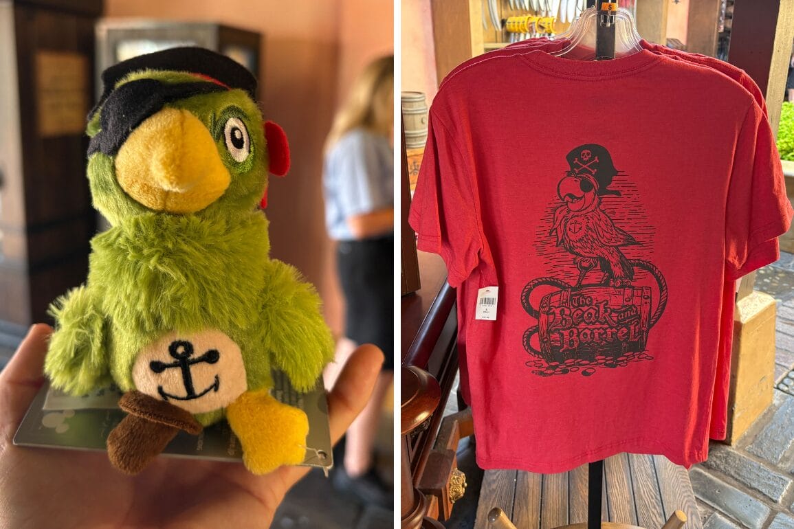A plush pirate parrot toy and red t-shirt—fun merchandise from Beak and Barrel Pirates Tavern at Disney World.