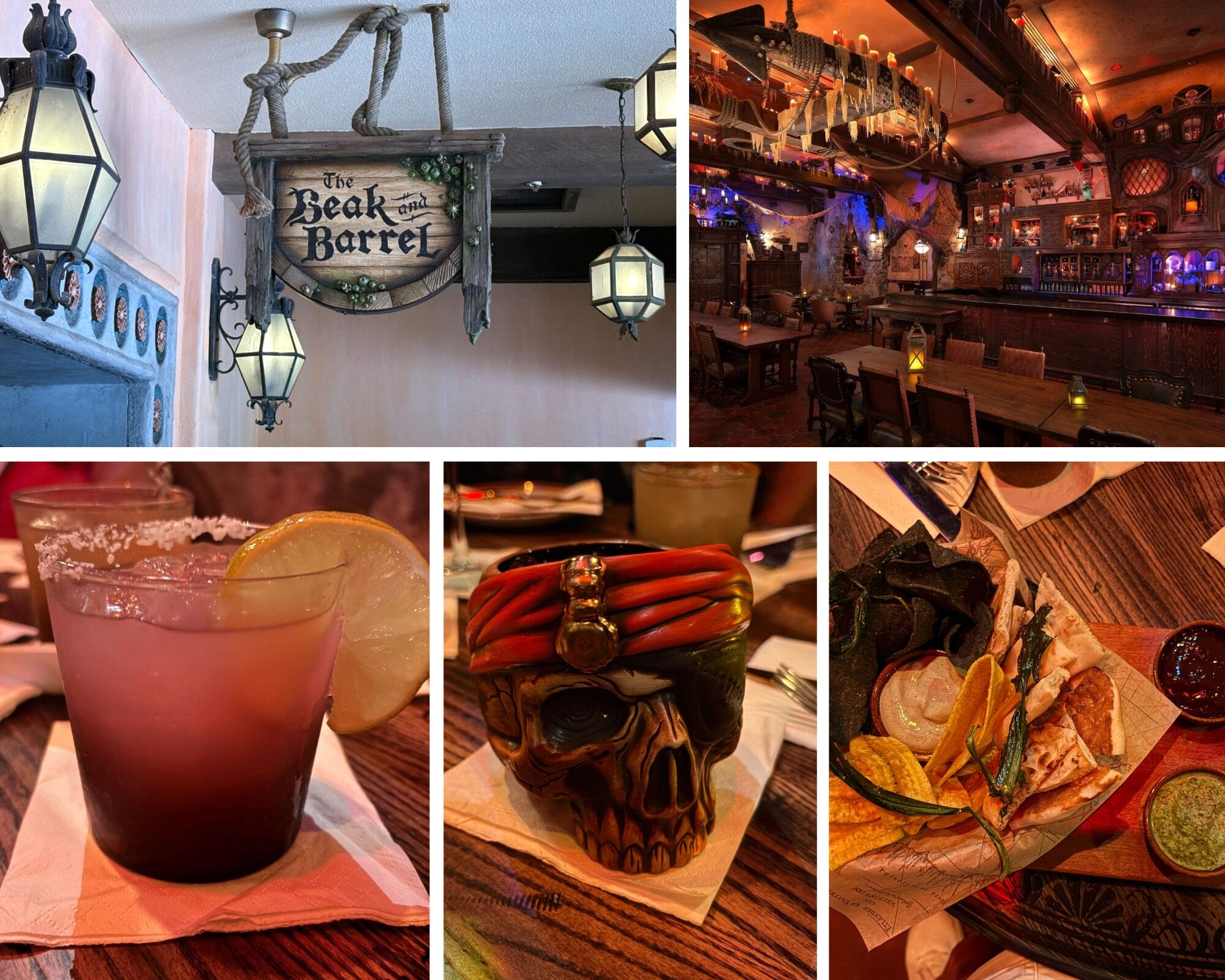 Collage of The Beak and Barrel pirate-themed bar, cocktail, skull mug, food, and wooden sign—Pirate's Life review.