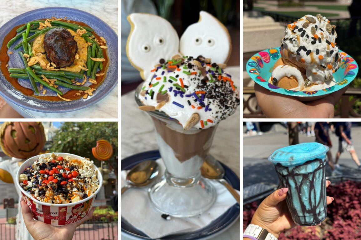 Collage of five Magic Kingdom Halloween Food items, featuring desserts, drinks, and a rice dish with green beans.