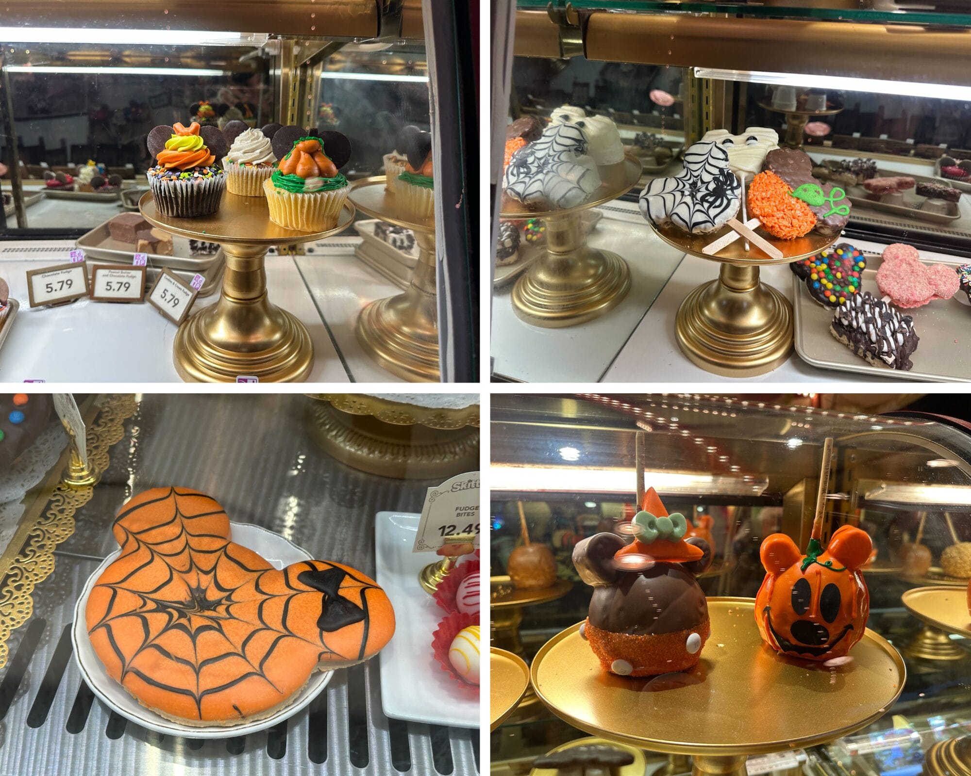 Four photos of Halloween-themed treats from a Bakery, featuring cupcakes, cookies, and cake pops with spiders and pumpkins.