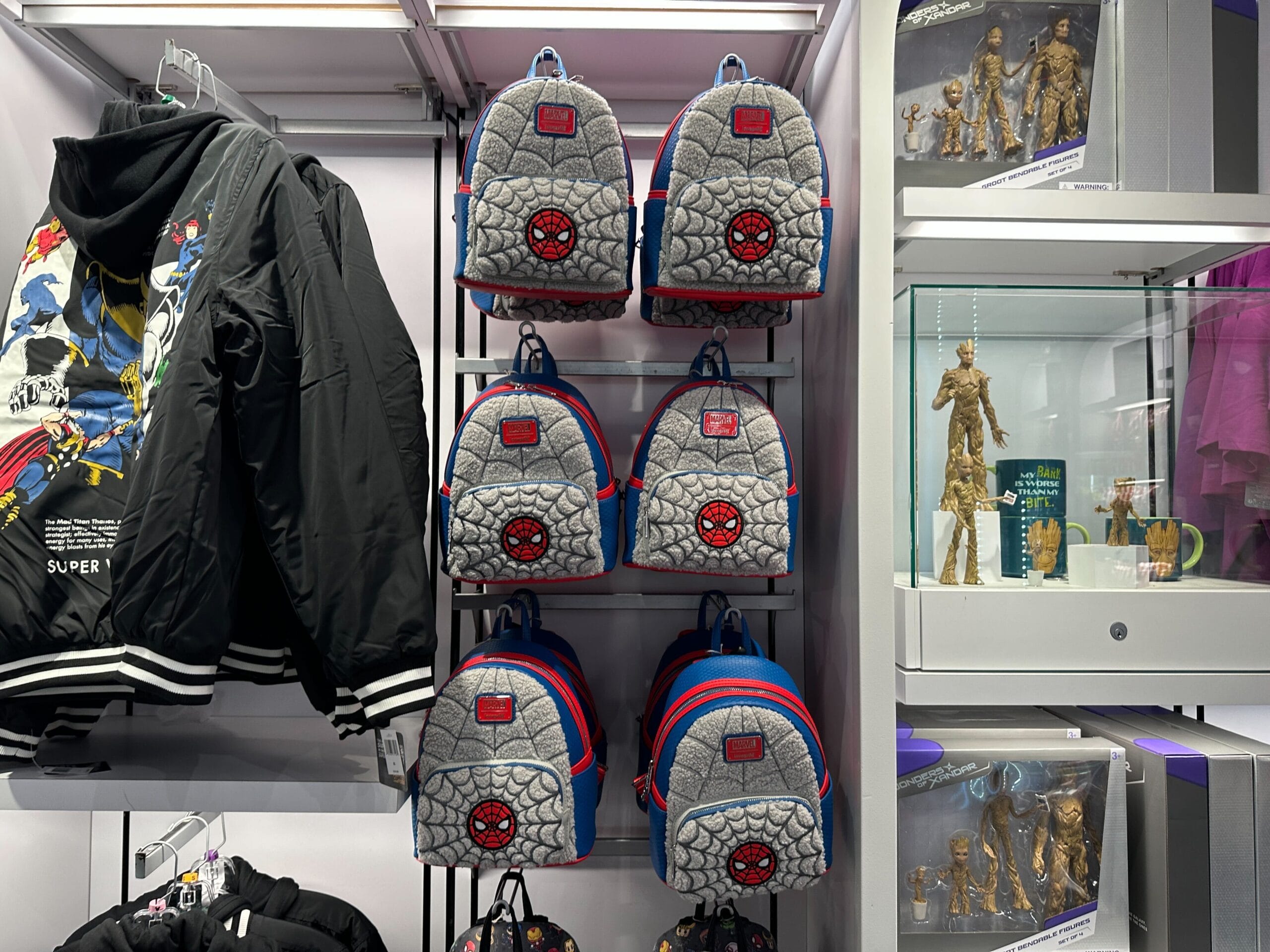Display of Spider-Man Loungefly Backpack ad Launch Depot in Magic Kingdom at Walt Disney World Resort