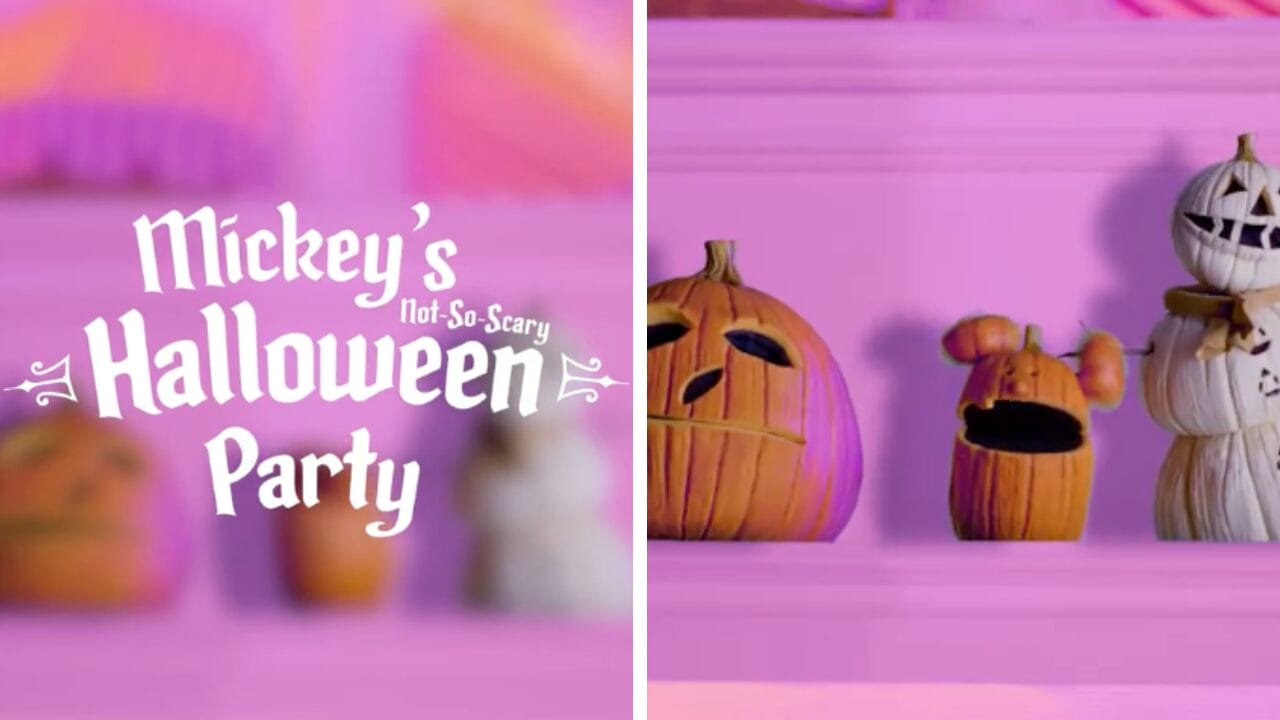 Split image: Left reads "Mickey's Not So Scary 2025." Right shows Walt Disney World pumpkins and a jack-o’-lantern.