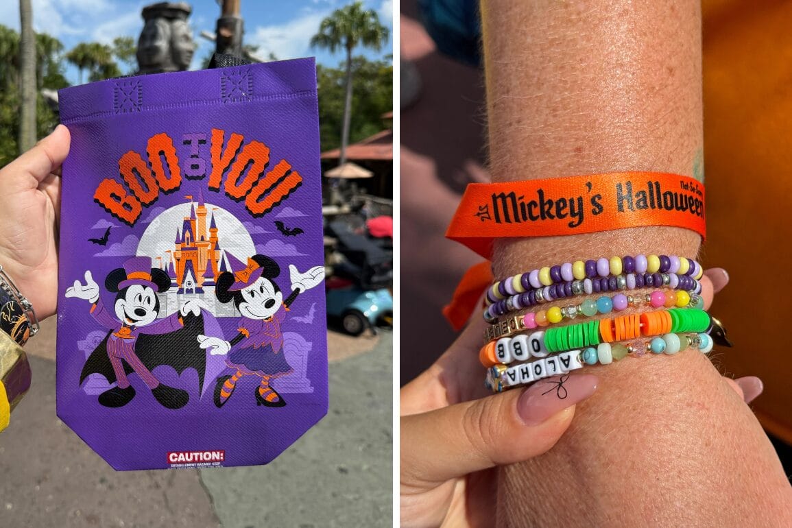 Split image: Left, a 2025 treat bag from Mickey's Not So Scary Halloween Party; right, a wrist with the event band.