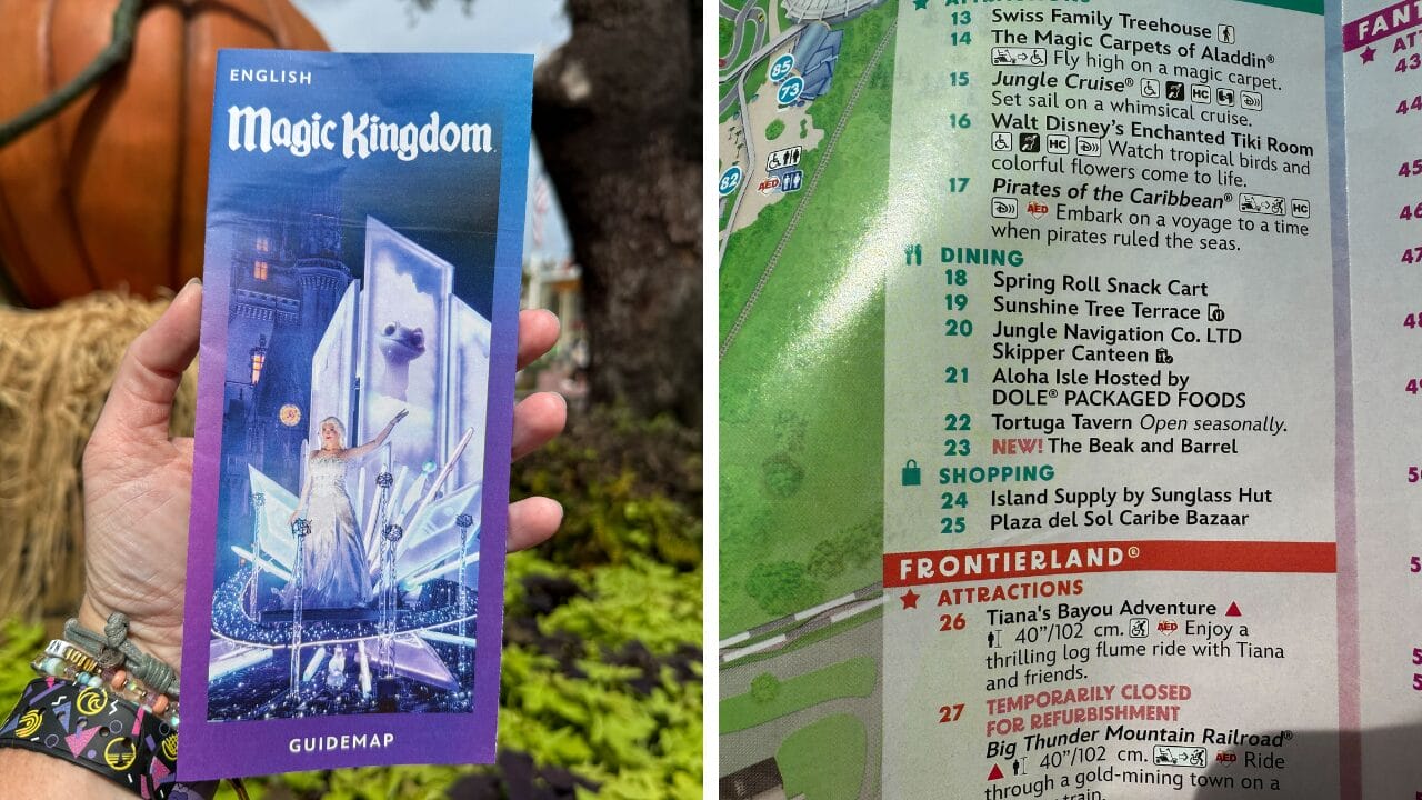 A hand holds a Magic Kingdom guide map; nearby, a close-up highlights listings like Beak and Barrel on the park map.