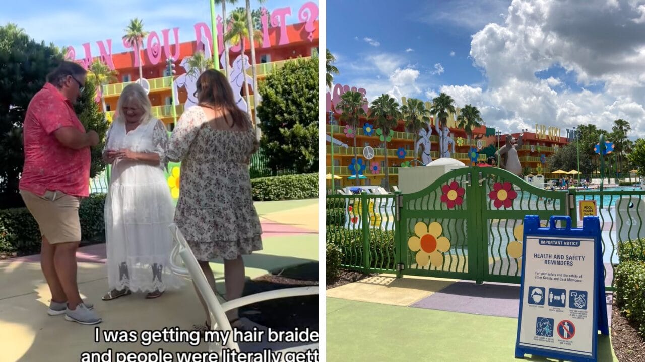 A bride and two people stand outdoors at Pop Century Resort; the Hippy Dippy Pool and safety sign are seen nearby.