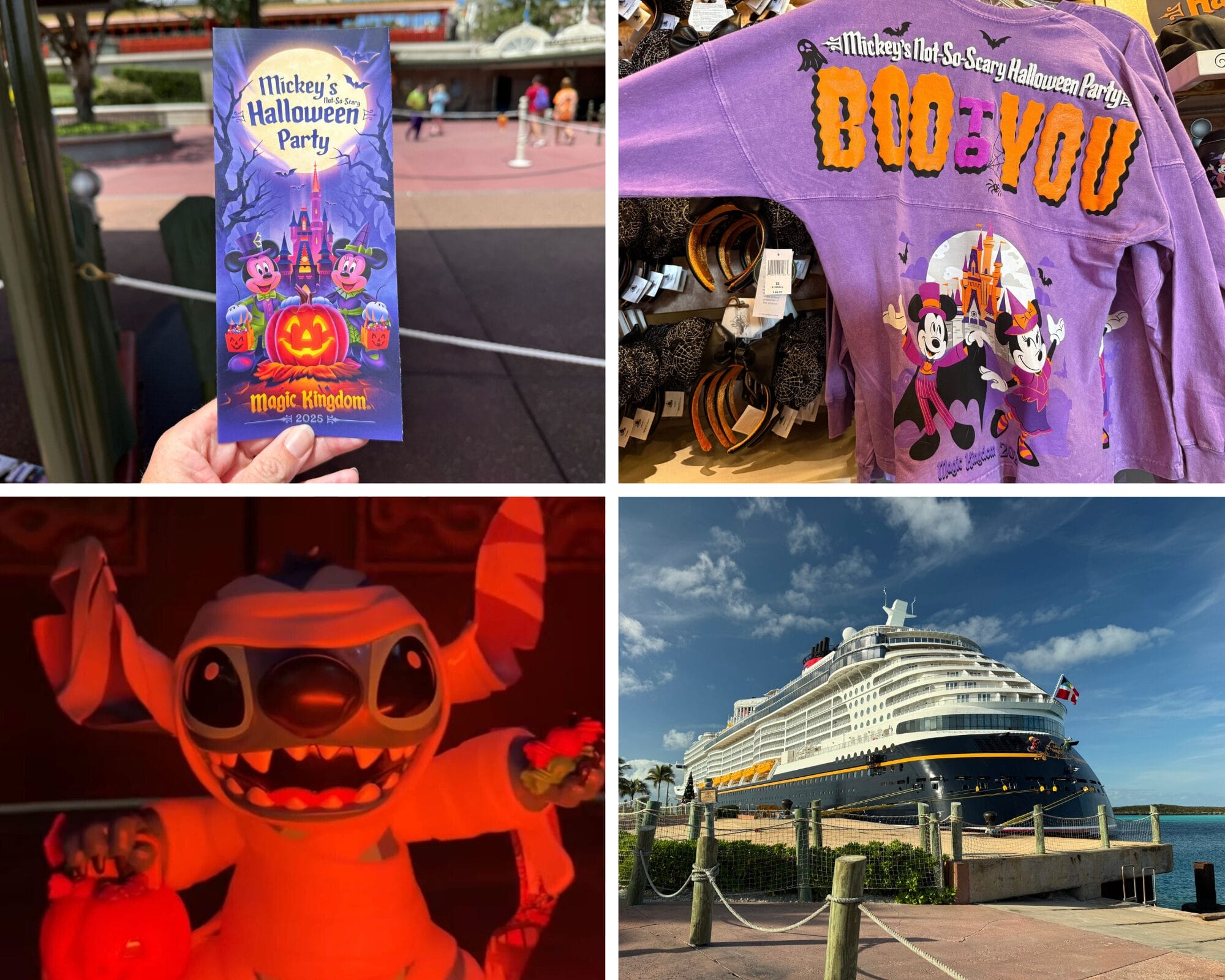 A collage showing a Halloween event flyer, themed shirt, Stitch character, and a Disney cruise ship at port.