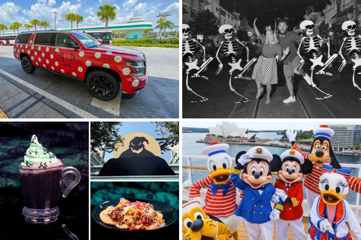 A red polka dot Minnie Van, Halloween parade, spooky drinks, villain silhouettes, and Disney characters in costume.