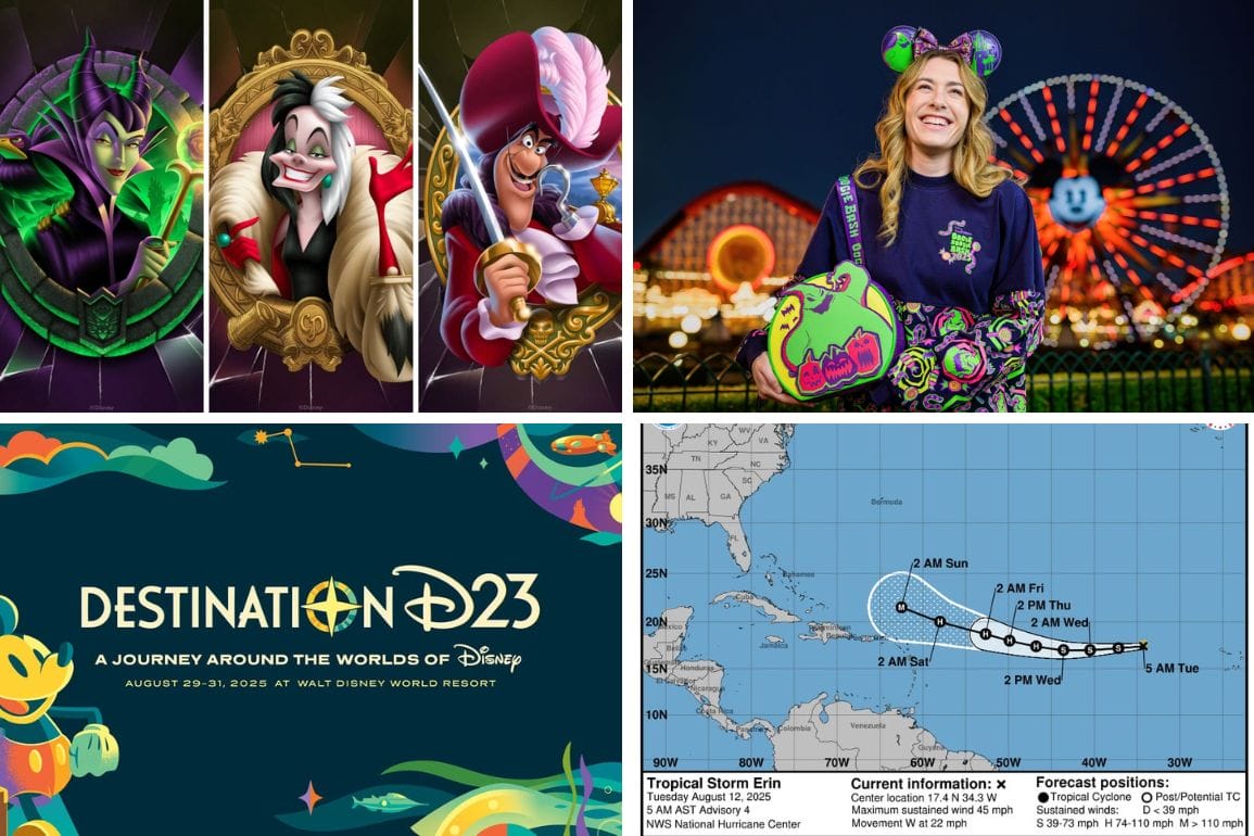 A collage with Disney Villains, a woman at Walt Disney World, a Destination D23 banner, and a tropical storm map.